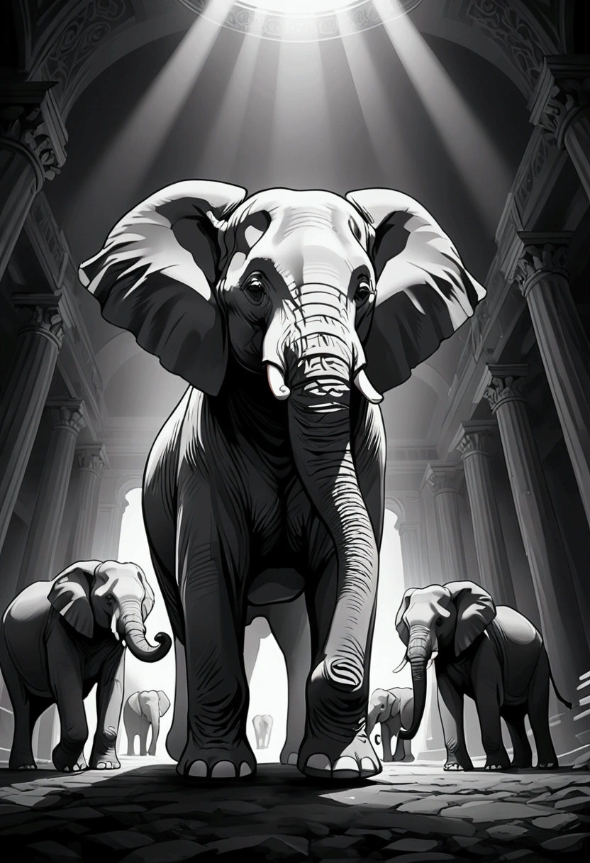 (Low Angle Shot, from below), Shoot elephants from a low perspective in wildlife parks or nature reserves to showcase their size and strength, captivating chiaroscuro, dynamic movement, full body, award-winning, cinematic still, emotional, vignette, dynamic, vivid, (masterpiece, best quality, photorealistic, Professional, perfect composition, very aesthetic, absurdres, ultra-detailed, intricate details:1.3)