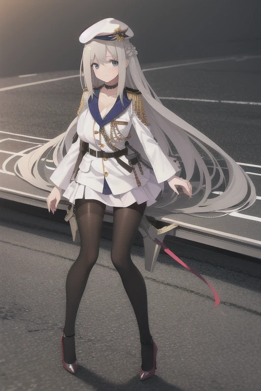 lexington \(warship girls r\), ((Best quality))),((Ultra-detailed)),((illustration)),((Disheveled hair)),((frilld)),(1 girl),(Solo),
1girl, hat, high heels, long hair, pantyhose, solo, black legwear, clavicle, thighhighs, white beret, military, white military uniform, white naval uniform, legwear, gray hair,