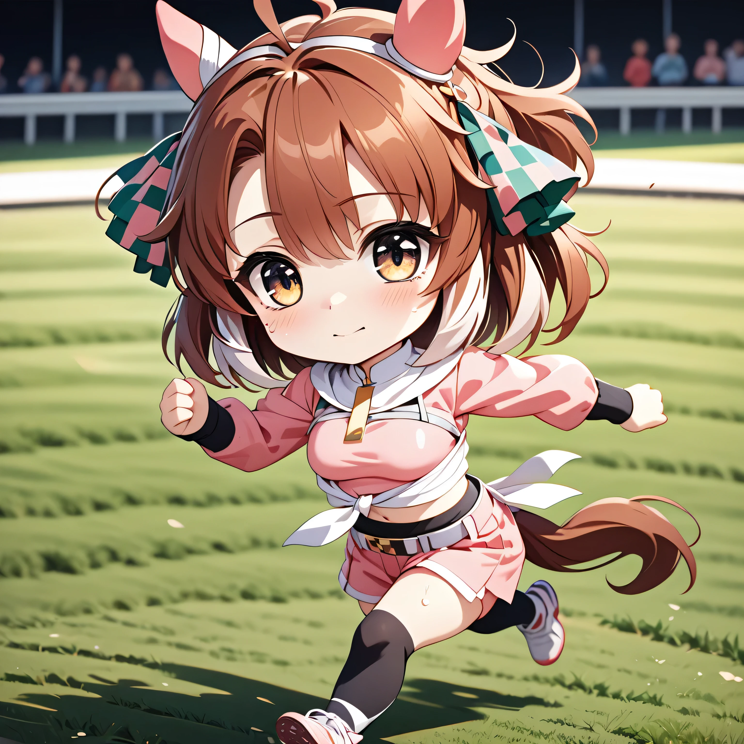 1girl,dantsu_flame\(umamusume\),,horse tail,horse ears, pink clothes,black pantyhose, midriff, belt, tied shirt, pink skirt, navel, solo, pink shirt, long sleeves, pink shorts,serious,sweat,closed mouth,grit your teeth, motion blur,(((running))),((dash)), sweat,smoke,(((turf))),motion lines, (((horse racing track))), (((chibi))),,ai-generated,,beautiful eyes,masterpiece,best quality,highres,4k,8k,