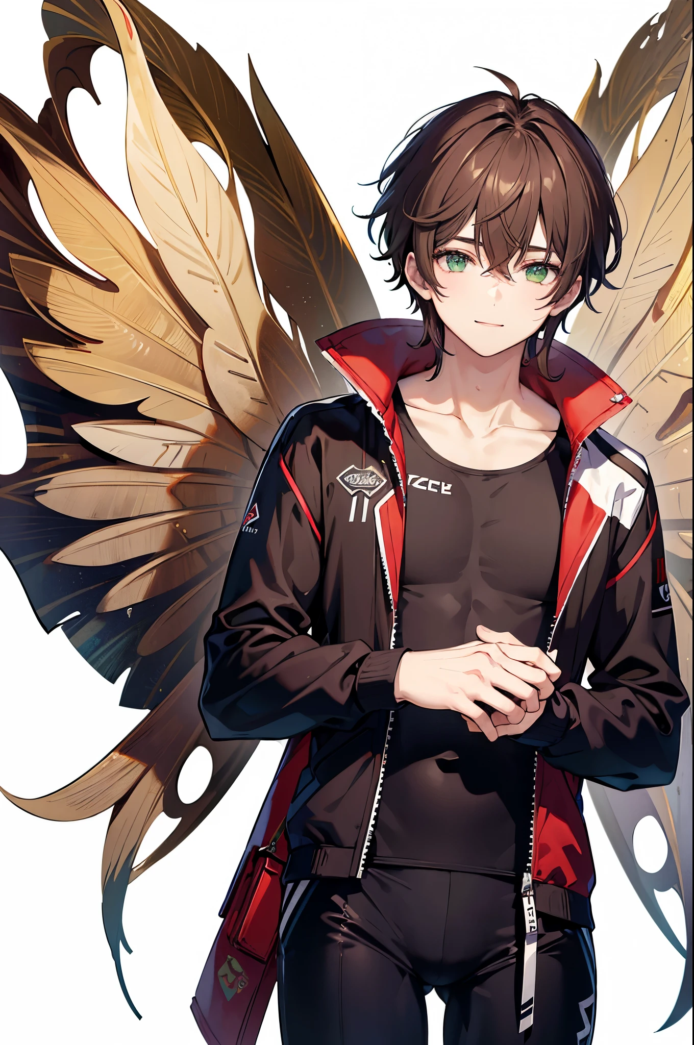 ((Highest quality)), ((masterpiece)), (detailed),((White background))、 (Dark brown hair、Long nape)、（Green Eyes、Droopy eyes）、One man、Wear a rash guard、黒い長ズボンのSwimwear、good looking、Adult male、Adult、Muscular、Swimwear、smile、tall、youth