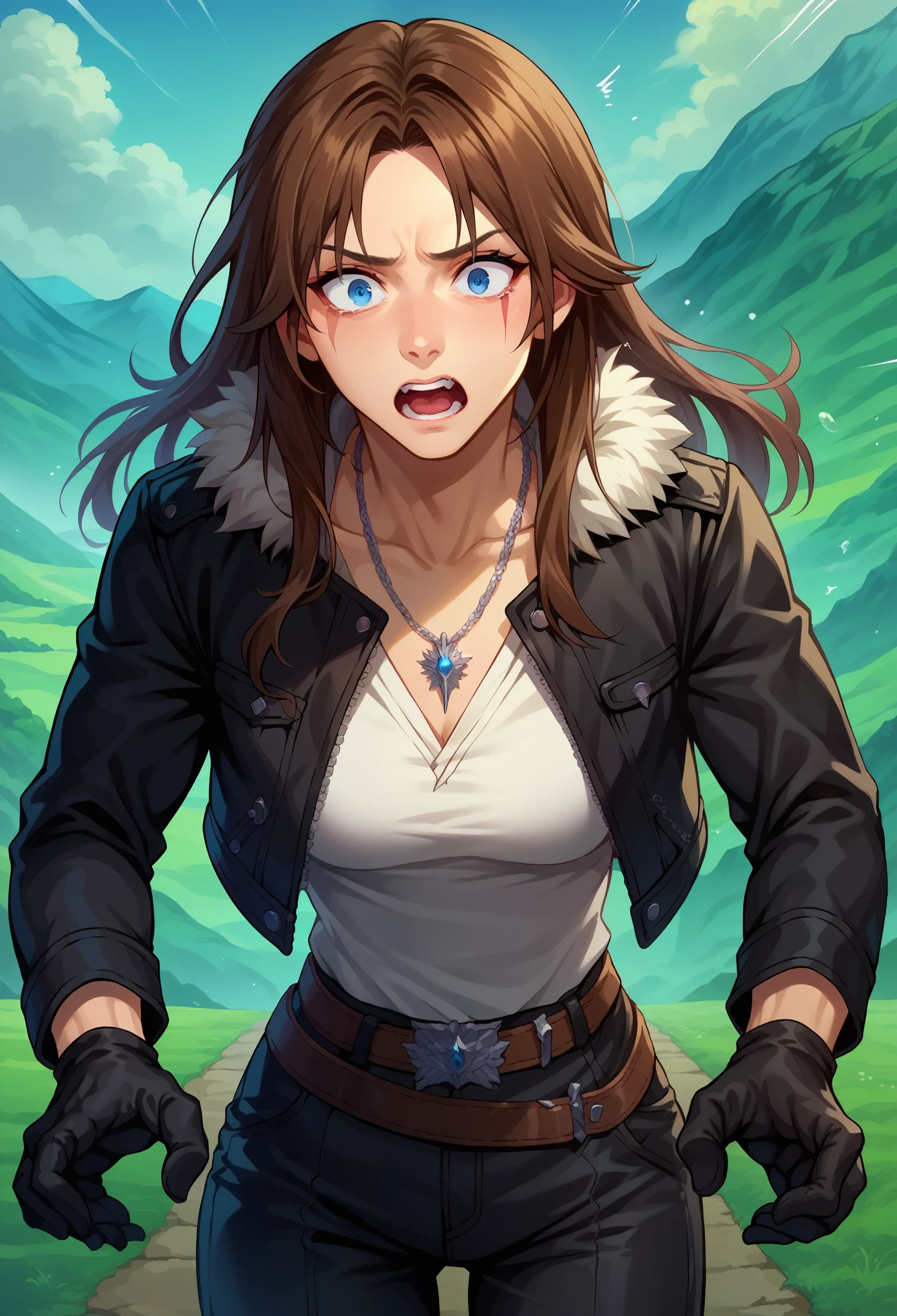 score_9, score_8_up, score_7_up, girl, boy, solo, squall, medium breasts, necklace, brown hair, long hair, gloves, white shirt, blue eyes, shirt, black gloves, jacket, black jacket, fur trim jacket, black pants, belt, scar, diagonal scar, scar on face, parted bangs, sweathing, shaking, thin waist, leaning forward, shocked face, scared, screaming, stiff hands, standing, looking down, landscape,