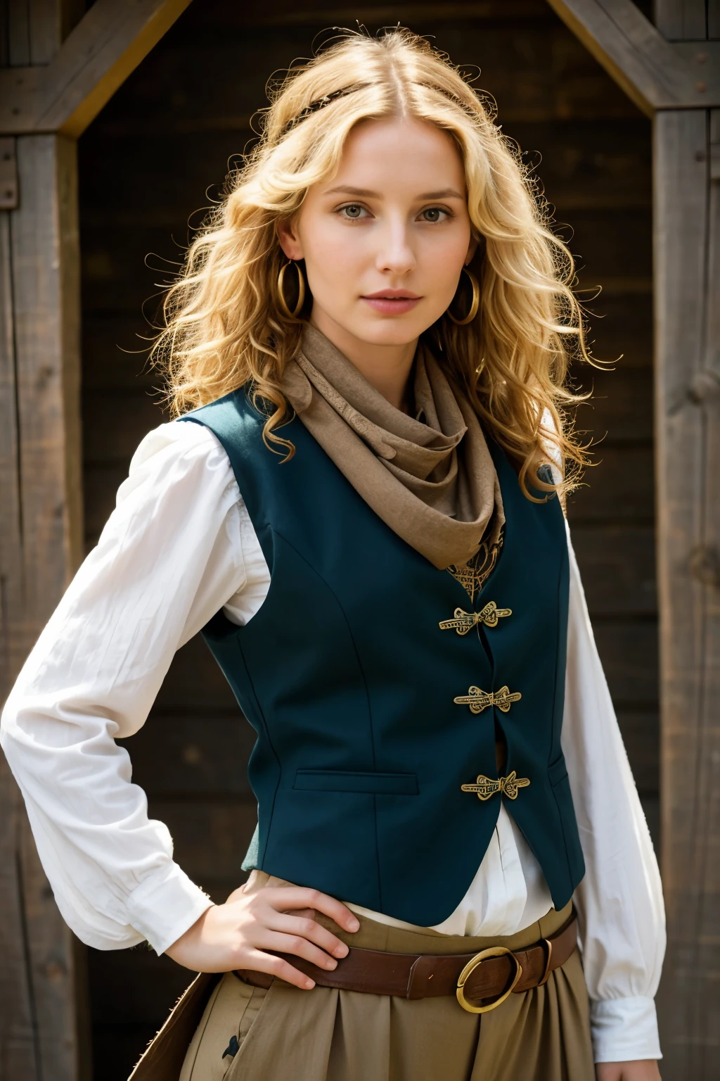 Generate a girl with short light brown curly hair, in wide trousers, in a wide pirate shirt and vest, she has a bandana on her head, her face is of Slavic appearance with bright green-brown-blue eyes, she has large silver round earrings in her ears, delicate facial features and large expressive eyes, the girl looks like a rogue from the Middle Ages, standing tall in pirate clothes and short blond curly hair, Looks like Annabelle Wallis