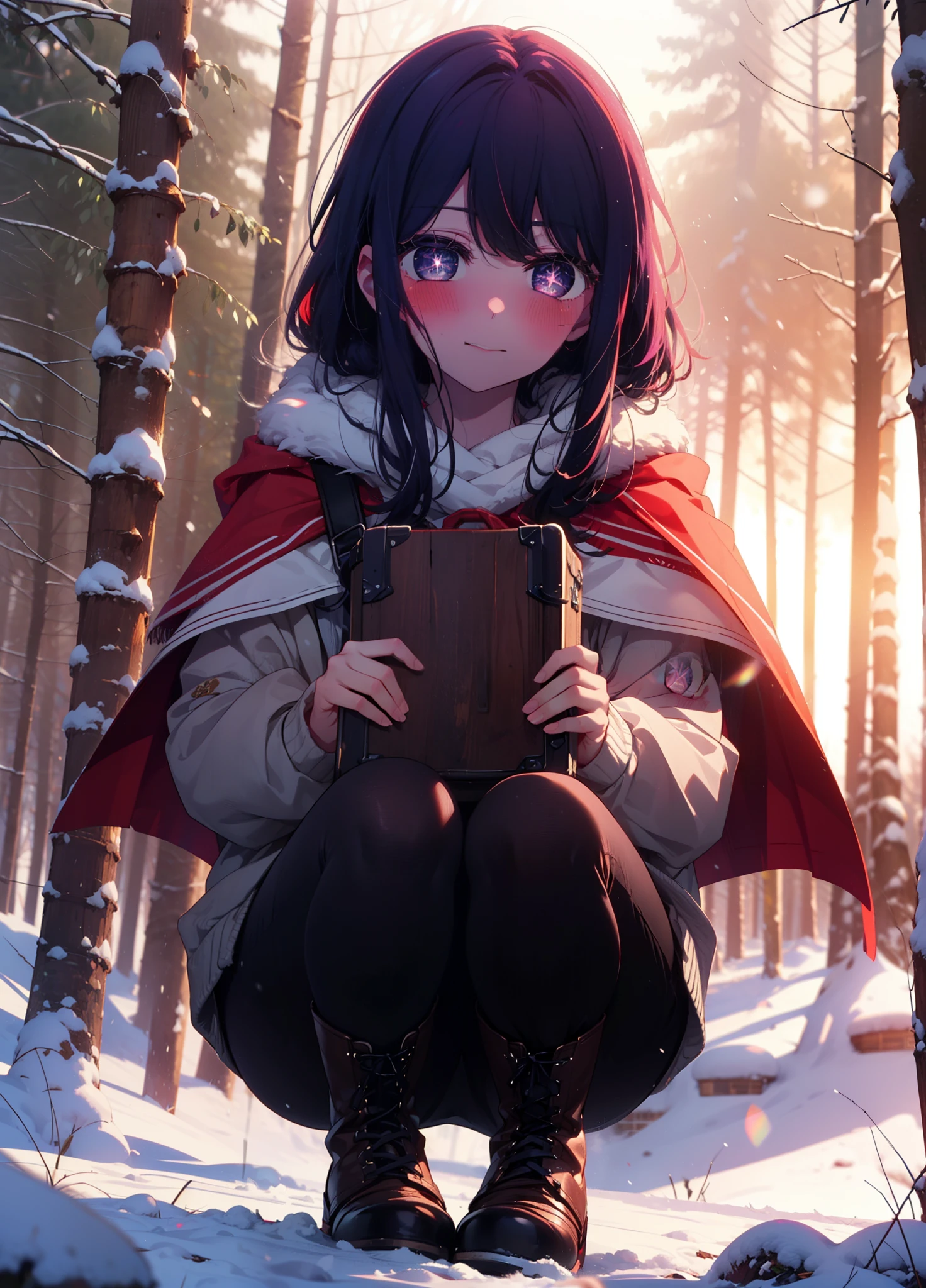 aihoshino, Ai Hoshino, Long Hair, bangs, (Purple eyes:1.1), Purple Hair, (Symbol-shaped pupil:1.5), smile,,smile,blush,white breath,
Open your mouth,snow,Ground bonfire, Outdoor, boots, snowing, From the side, wood, suitcase, Cape, Blurred, , forest, White handbag, nature,  Squat, Mouth closed, Cape, winter, Written boundary depth, Black shoes, red Cape break looking at viewer, Upper Body, whole body, break Outdoor, forest, nature, break (masterpiece:1.2), Highest quality, High resolution, unity 8k wallpaper, (shape:0.8), (Beautiful and beautiful eyes:1.6), Highly detailed face, Perfect lighting, Highly detailed CG, (Perfect hands, Perfect Anatomy),