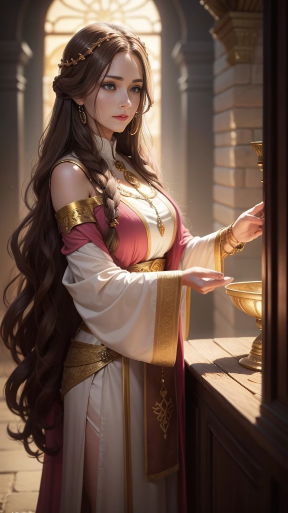 medieval fantasy, priestess in her late 40s, warm and welcoming presence, long wavy ((brown hairs)), pink and gold (ribbons), gentle green eyes, fair skin bears the soft lines of age and wisdom, flowing pink and gold robes, gold pendant, in a temple