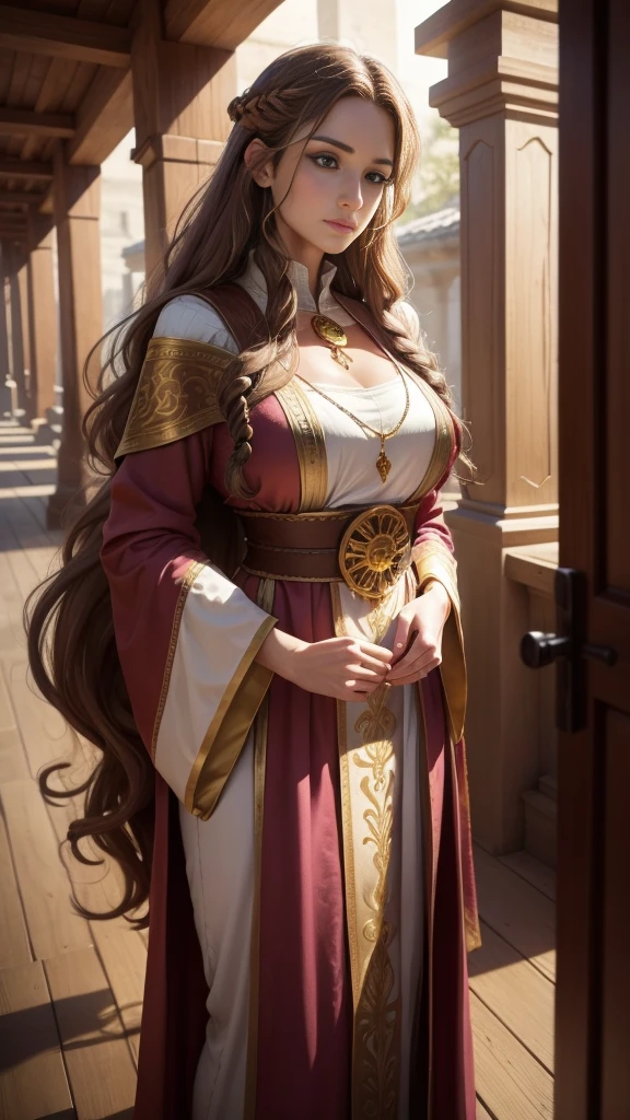 medieval fantasy, priestess in her late 40s, warm and welcoming presence, long wavy ((brown hairs)), pink and gold (ribbons), gentle green eyes, fair skin bears the soft lines of age and wisdom, flowing pink and gold robes, gold pendant, in a temple