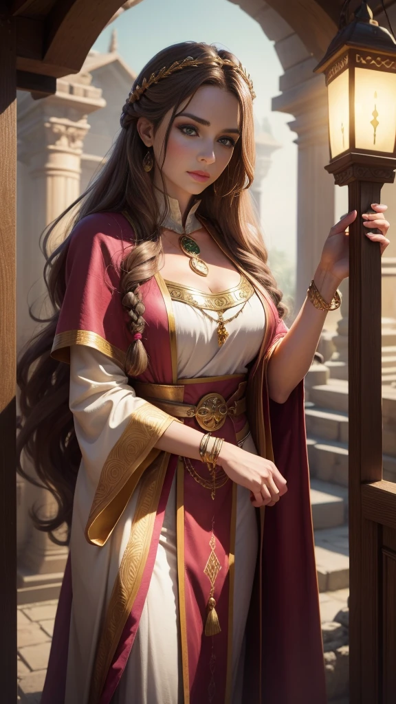 medieval fantasy, priestess in her late 40s, warm and welcoming presence, long wavy ((brown hairs)), pink and gold (ribbons), gentle green eyes, fair skin bears the soft lines of age and wisdom, flowing pink and gold robes, gold pendant, in a temple