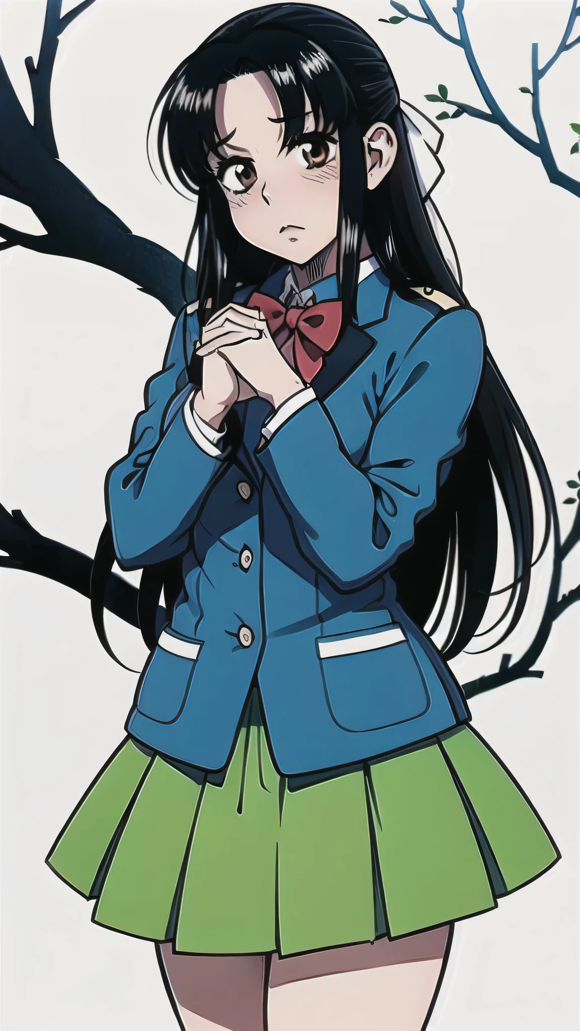 chigusa nana, 1 girl, (solo), ((chigusa nana)), best quality, highres, high quality, 8k, HD, super detail, anatomically correct, UHD, accurate, (masterpiece:1.2), (high quality:1.0), (ultra detailed), (No background), (White Background), (Blushing), (Adult), clothes tug, long hair, black hair, parted bangs, hair bow, brown eyes, white bow, green blazer, red bowtie, uniform skirt, both hands down