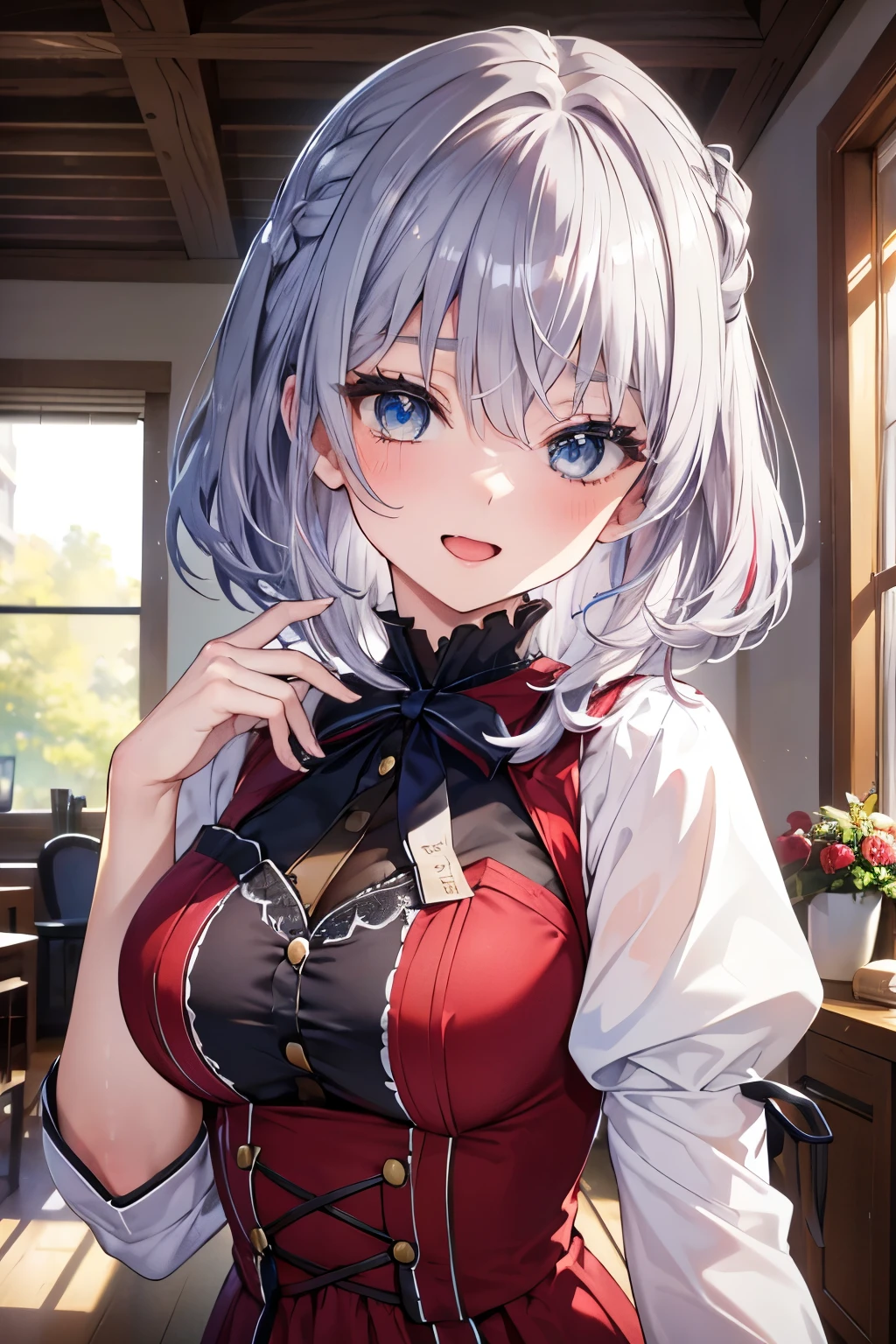 (Best quality,4K,8K,High resolution,Masterpiece:1.2),Super detailed,(Actual, Realistic),
break,
((Beautiful clear blue eyes:1.2)),very kind eyes,eyes wide open,beautiful eyelashes,beautiful lower eyelashes,
break,
((Beautiful and shiny silver hair:1.3)),hairstyle side braid,A dazzling smile, a bursting smile, an open mouth laugh,
break,
red dress,black ribbon,
break,
very happily,((bust shot)),((zoom in)),Room with classic furniture,desk and chair