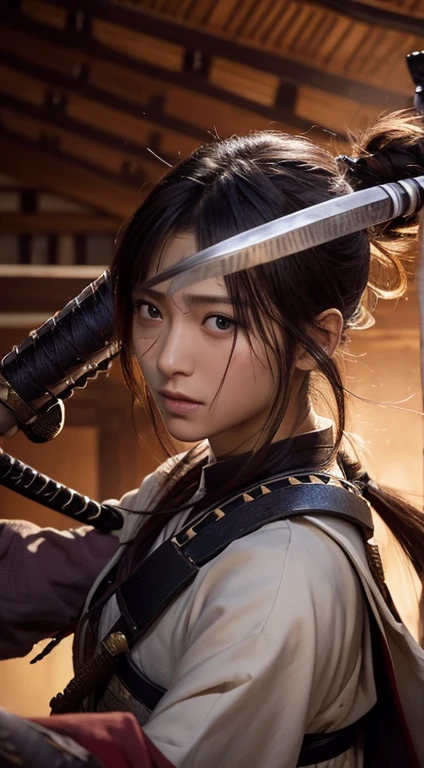 (Japanese sword &References;Muramasa 2&References;.0)A beautiful 27-year-old woman、Tie your hair back、hair ornaments、Martial artists、Warrior、Clear eyes、Arm tattoo、warrior、(Japanese swordを両手で構える、1.2)(Japanese sword)Posture in the middle、One sword and two cutore realistic battle scenes、敵Warriorの返り血、blood、