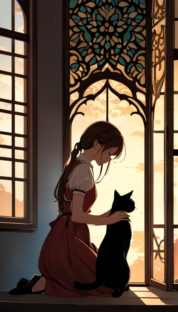 silhouettes of a cat and a girl framed within a massive vintage window frame. The silhouette captures the girl as she bends down to gently grasp the cat's paw, forming a tender and heartwarming moment frozen in time. The interplay of light and shadow against the intricate details of the window frame adds depth and texture to the composition, creating a visually striking image that conveys a sense of connection and companionship between the girl and her feline friend
