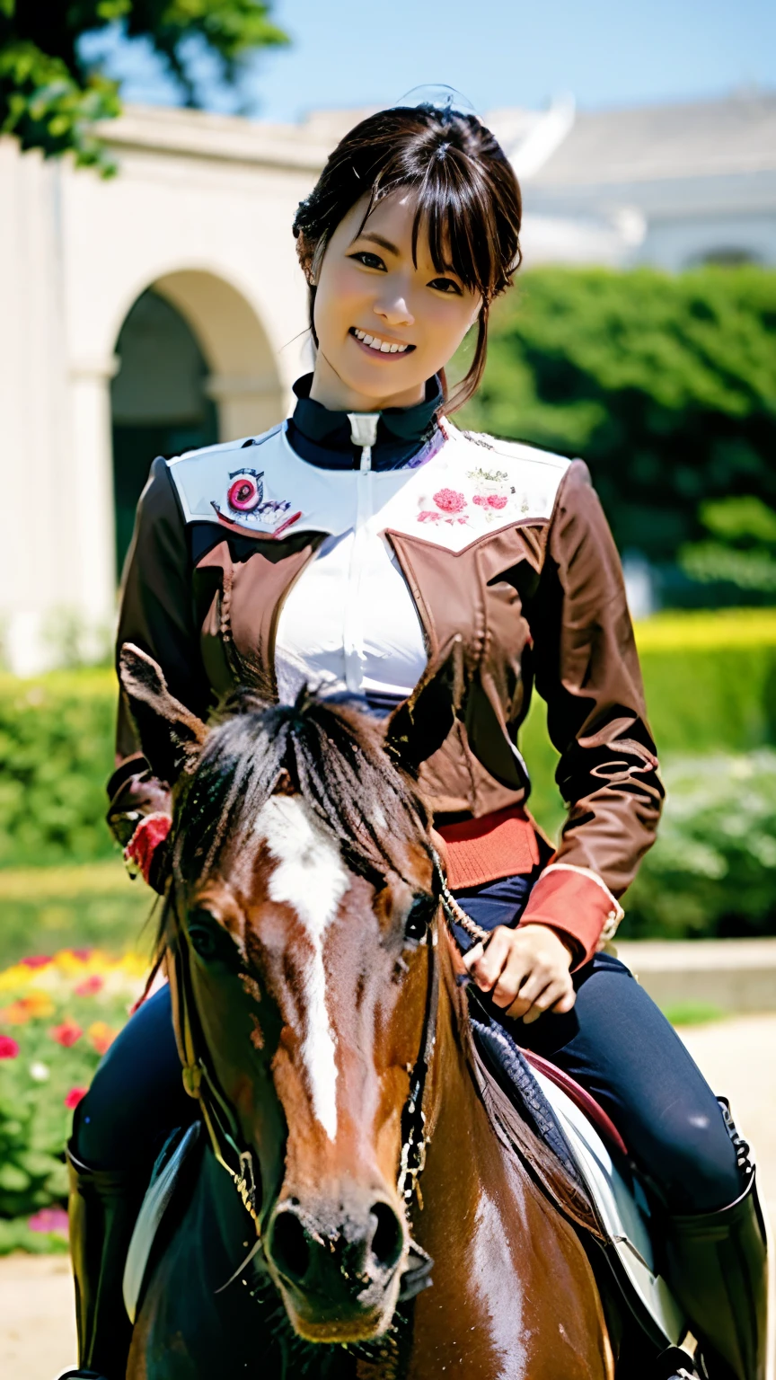 elegant female equestrian athlete, intricate horse anatomy, magnificent palace gardens, packed equestrian arena, stunning traditional equestrian attire, graceful equestrian posture and mannerisms, beautiful horse and rider connection, masterpiece, highly detailed, 4k, ultra-high resolution, realistic, photorealistic, extremely detailed eyes and face, long eyelashes, glossy thick lips, perfect anatomy, elegant short hair, Hasselblad camera, deep depth of field, beautiful background bokeh