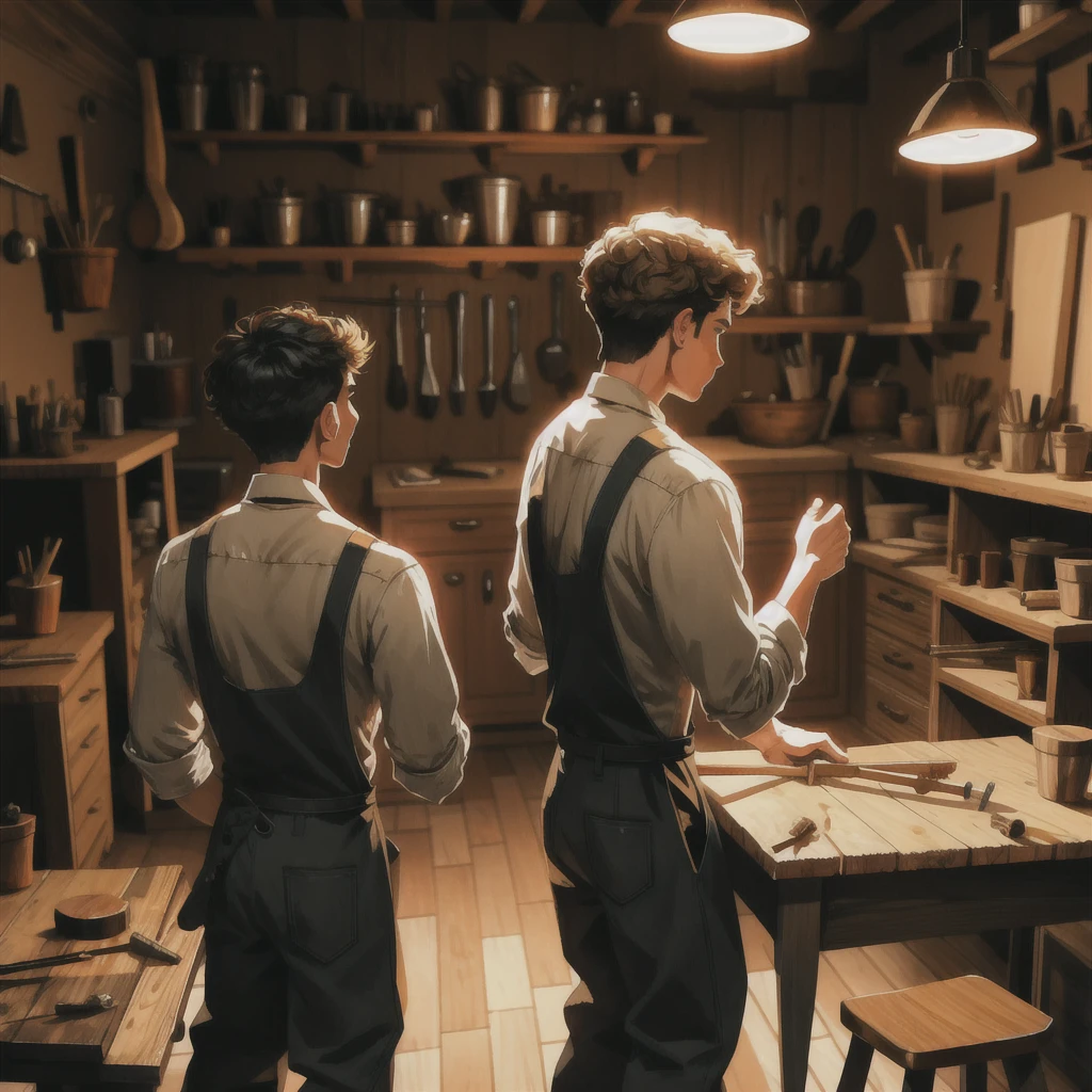 A small, dimly lit workshop with wooden tools and pieces of furniture in various stages of completion. Young boy is focused on crafting a wooden chair, his hands steady as he chisels the wood. His clothes are slightly more rugged now, with a leather apron over his shirt and trousers. His expression shows concentration and determination. The scene should convey a sense of learning and hard work."