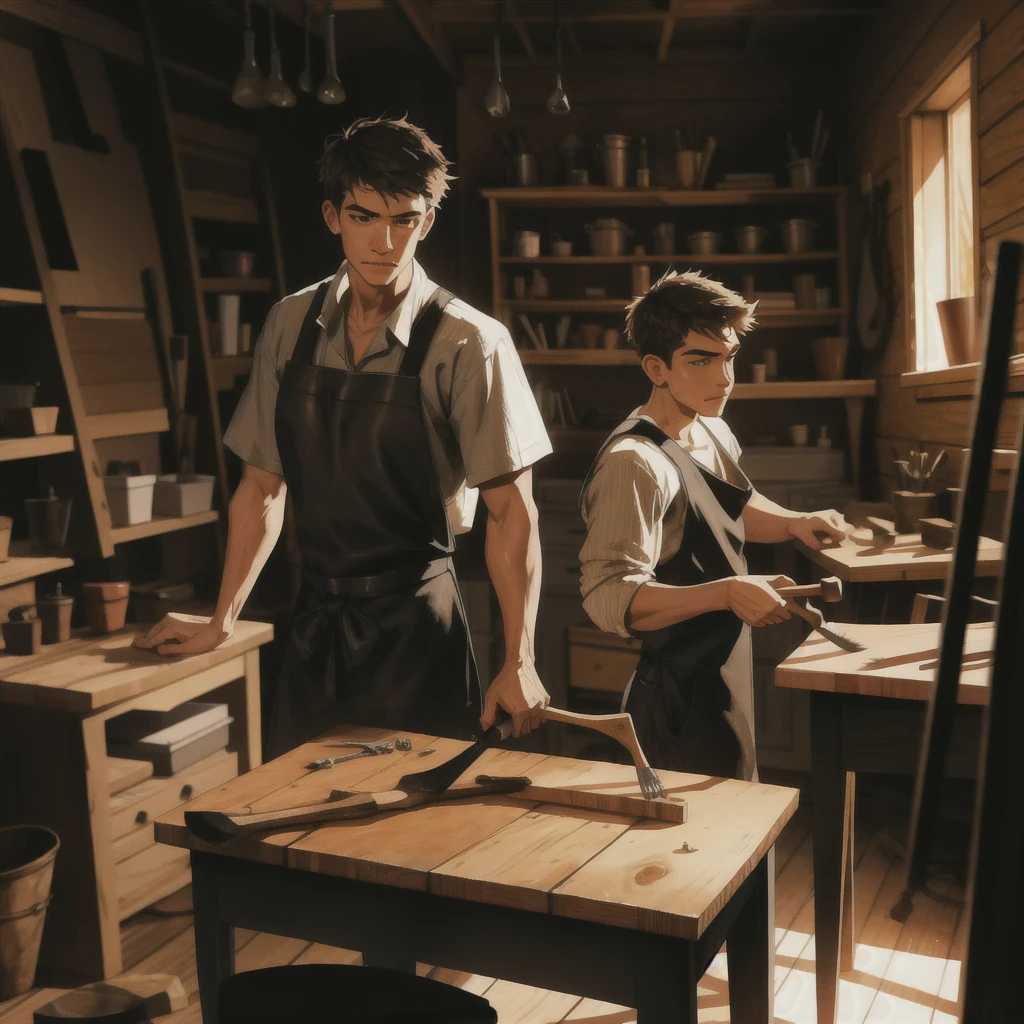 A small, dimly lit workshop with wooden tools and pieces of furniture in various stages of completion. Young boy is focused on crafting a wooden chair, his hands steady as he chisels the wood. His clothes are slightly more rugged now, with a leather apron over his shirt and trousers. His expression shows concentration and determination. The scene should convey a sense of learning and hard work."