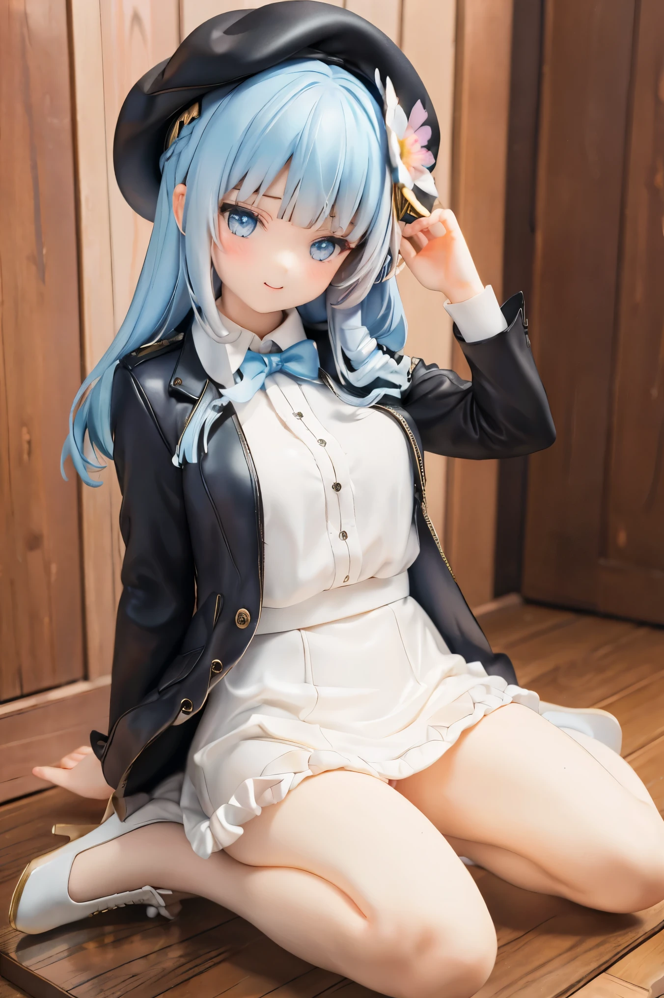  , 1girl, boots, white pantyhose, blue eyes, pantyhose, solo, hat, bangs, kamisato ayaka, sitting, long sleeves, braid, dress, looking at viewer, blue hair, blunt bangs, brown footwear, smile, flower, hair ornament, bug, butterfly, bow, frills, blue dress, cross-laced footwear, closed mouth, hair flower, beret, high heel boots, shirt, wooden floor, lace-up boots, boots removed, white shirt, photo \(object\), full body, high heels、足を開く、pussy,dildo