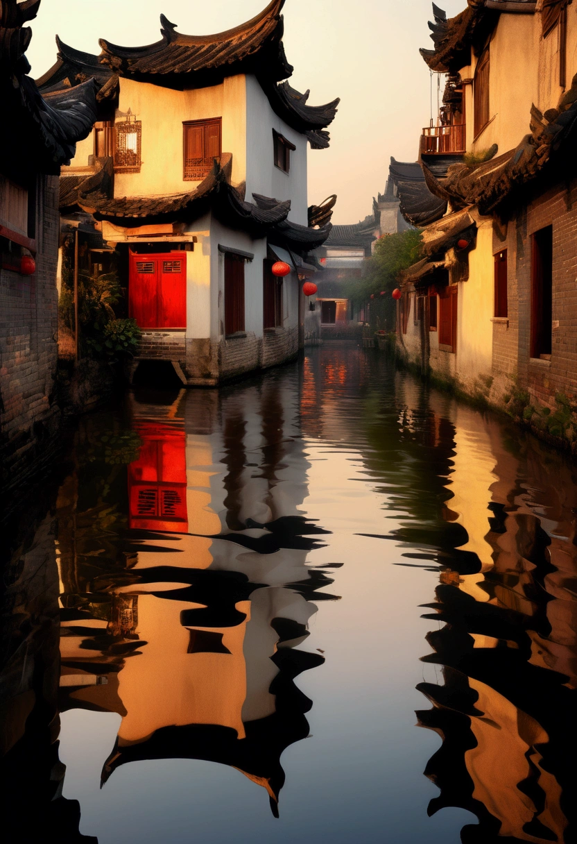 (Low Angle Shot, from below), On the water surface of the Jiangnan water town, capturing the reflection of the sky from a low perspective, the ripples and reflections on the water surface create a dreamlike visual effect, captivating chiaroscuro, dynamic movement, full body, award-winning, cinematic still, emotional, vignette, dynamic, vivid, (masterpiece, best quality, photorealistic, Professional, perfect composition, very aesthetic, absurdres, ultra-detailed, intricate details:1.3)