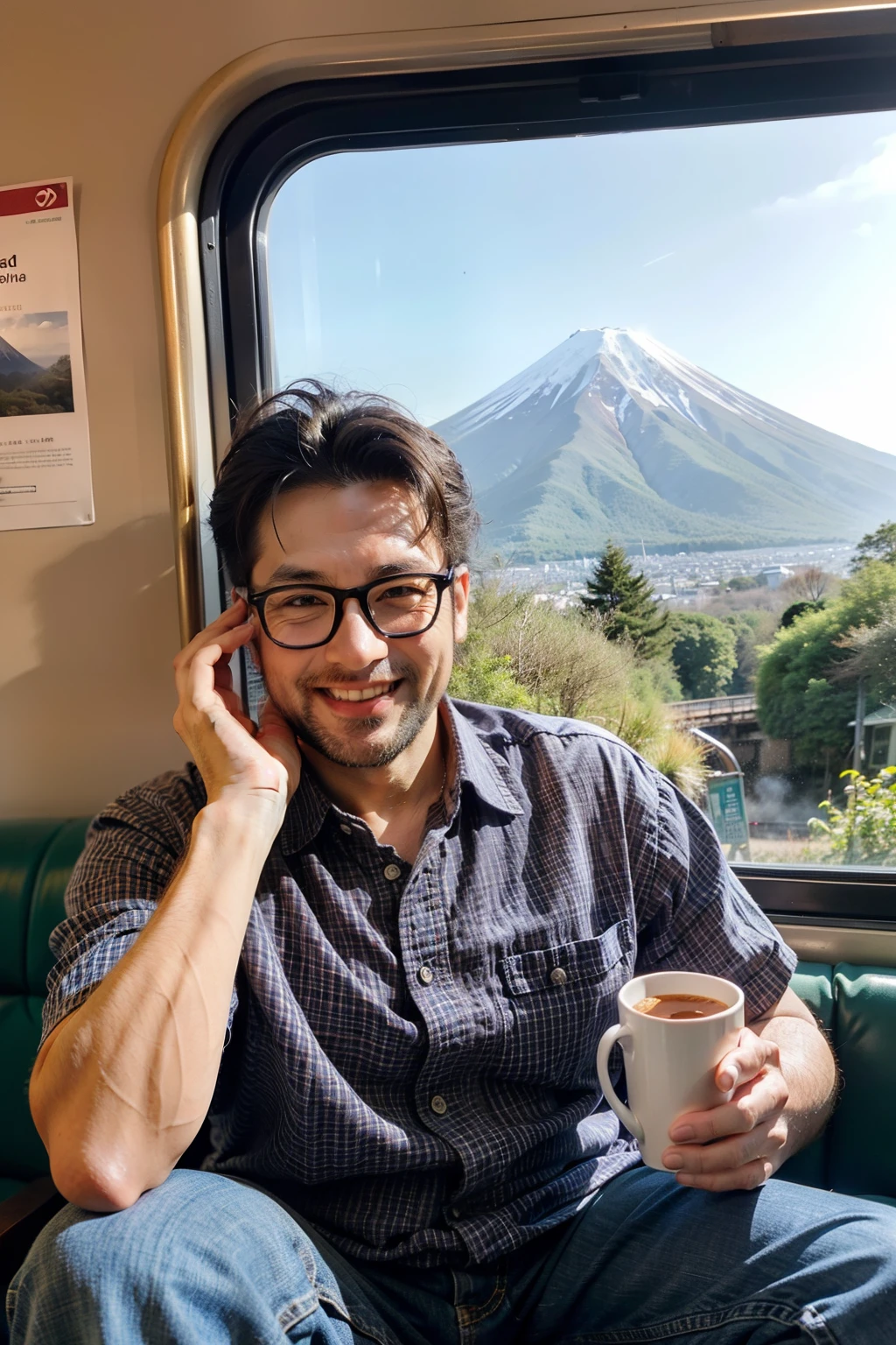 Raising a 40-Year-Old Man, smiling happily, gold rimmed glasses, Holding colorful mug in hand, holding camera in other hand,Purple Check Shirt and Jeans, Brown eyes, The screen is flawless.Fuji Mountain in the background outside the train window