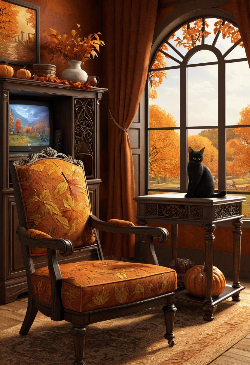 gameroom,PC,screen,autumn theme,chair,cat