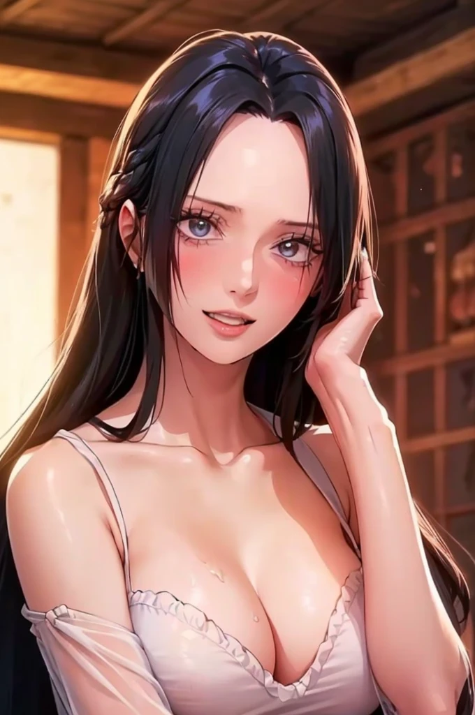 best quality, masterpiece, highly detailed,1girl, Boa Hancock, , (masterpiece:1.5), Detailed Photo, Smiling, Sexy, (8K, Best Quality: 1.4), (1girl), Beautiful Face, (anime realistic Face), (Black Hair, long Hair: 1.3), Beautiful Hairstyle, Realistic eyes, beautiful detail eyes, (white skin), beautiful skin, absurd, attractive, ultra high resolution, ultra realistic, high definition, golden ratio, (sexually aroused:1.5), Pinkish white skin, cool white light, Beautiful , white background, pink soft white light, Wear a black bodycon dress, (messy hair:1.5), (masturbate:1.5)