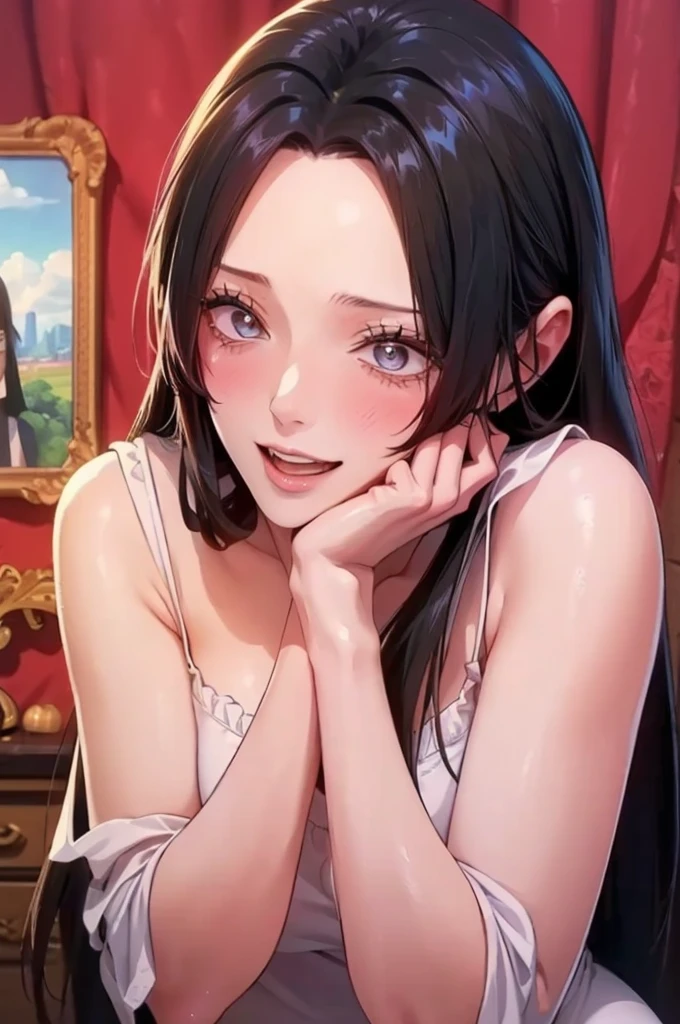 best quality, masterpiece, highly detailed,1girl, Boa Hancock, , (masterpiece:1.5), Detailed Photo, Smiling, Sexy, (8K, Best Quality: 1.4), (1girl), Beautiful Face, (anime realistic Face), (Black Hair, long Hair: 1.3), Beautiful Hairstyle, Realistic eyes, beautiful detail eyes, (white skin), beautiful skin, absurd, attractive, ultra high resolution, ultra realistic, high definition, golden ratio, (sexually aroused:1.5), Pinkish white skin, cool white light, Beautiful , white background, pink soft white light, Wear a black bodycon dress, (messy hair:1.5), (masturbate:1.5)