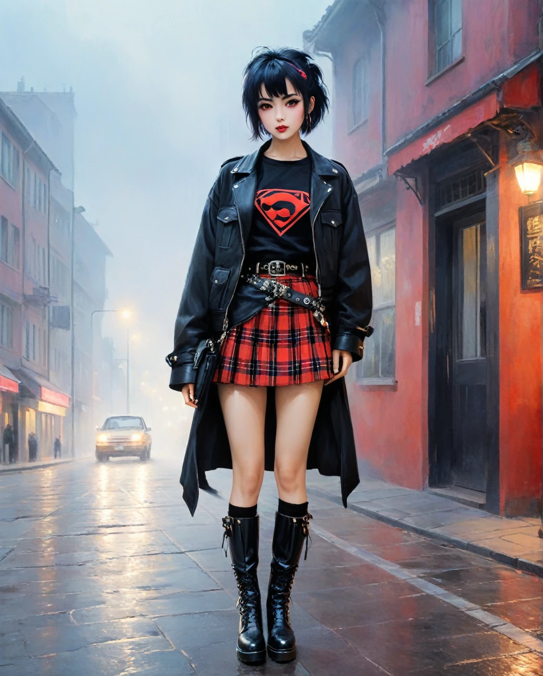 High resolution, full detailed, better image quality, Believe me a beautiful goth girl, who has black hair with Half-sided bangs painted dark red, with a short t-shirt, with a black and red plaid skirt, with black boots, with a punk style bracelet, and the punk style belt, full body, on a foggy night street, BREAK, Art style by Yoshiaki Kawajiri and Tsukasa Hojo and Toshihiro Kawamoto - -intricately detailed face - -80s and 90s anime still - -1980s retro anime - -1980s and 1990s anime retro nostalgia -highly detailed profile BREAK, ARISTYLE4, Soft Pastel -depth of field, Cinematic Angles, Dynamic angles, (((masterpiece))), perfect face, ((full body shot)),