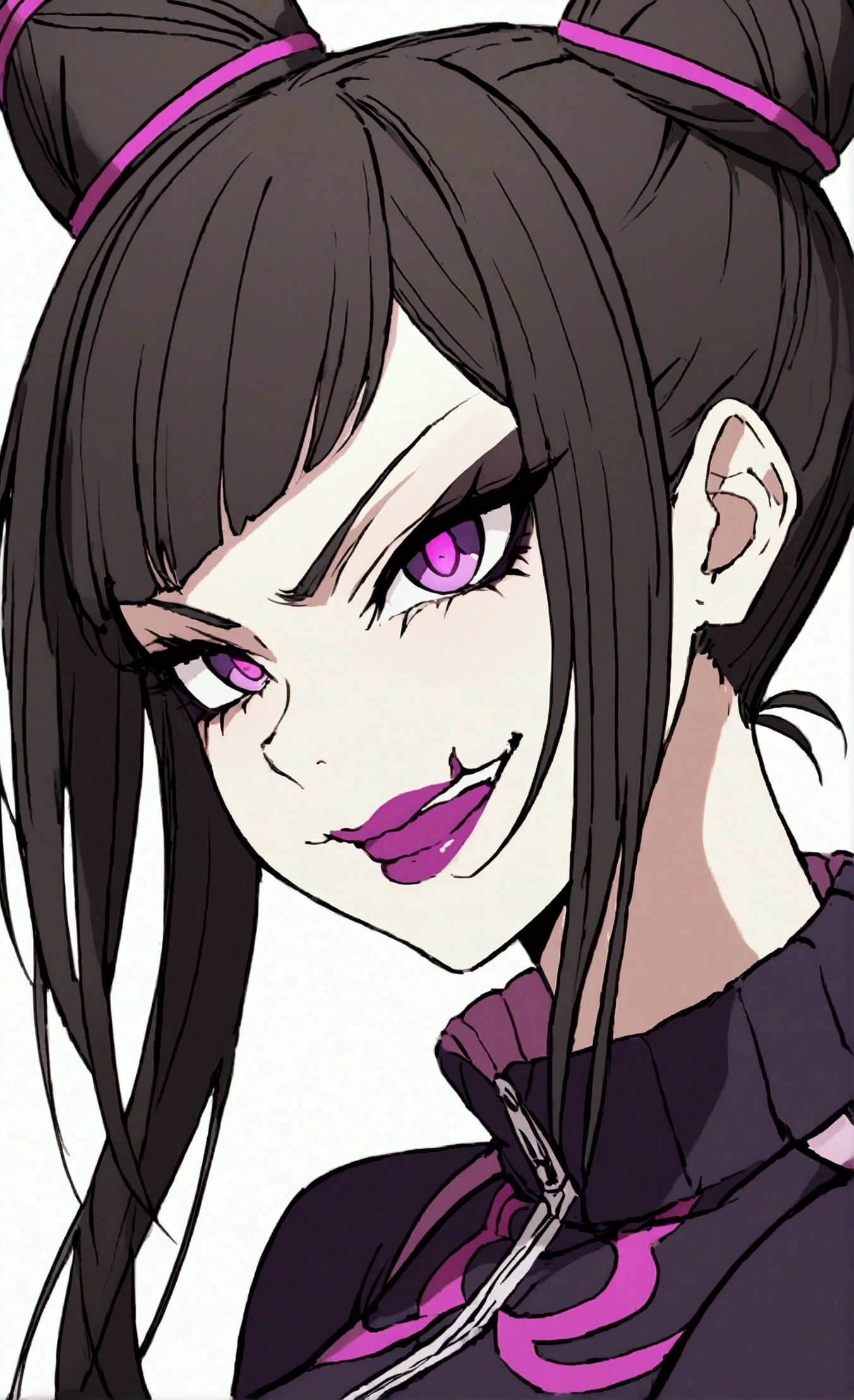 dark eyeshadow,glare eyes,beautiful young fitness woman with , in a gym wearing May with black pantyhose, white and purple fitted gym jacket. standing alone,hair horns,bright purple eyes,Evil smile,legging preto ,lips,dark eyeshadow,glare eyes,close up,mouth open with a big evil smile
