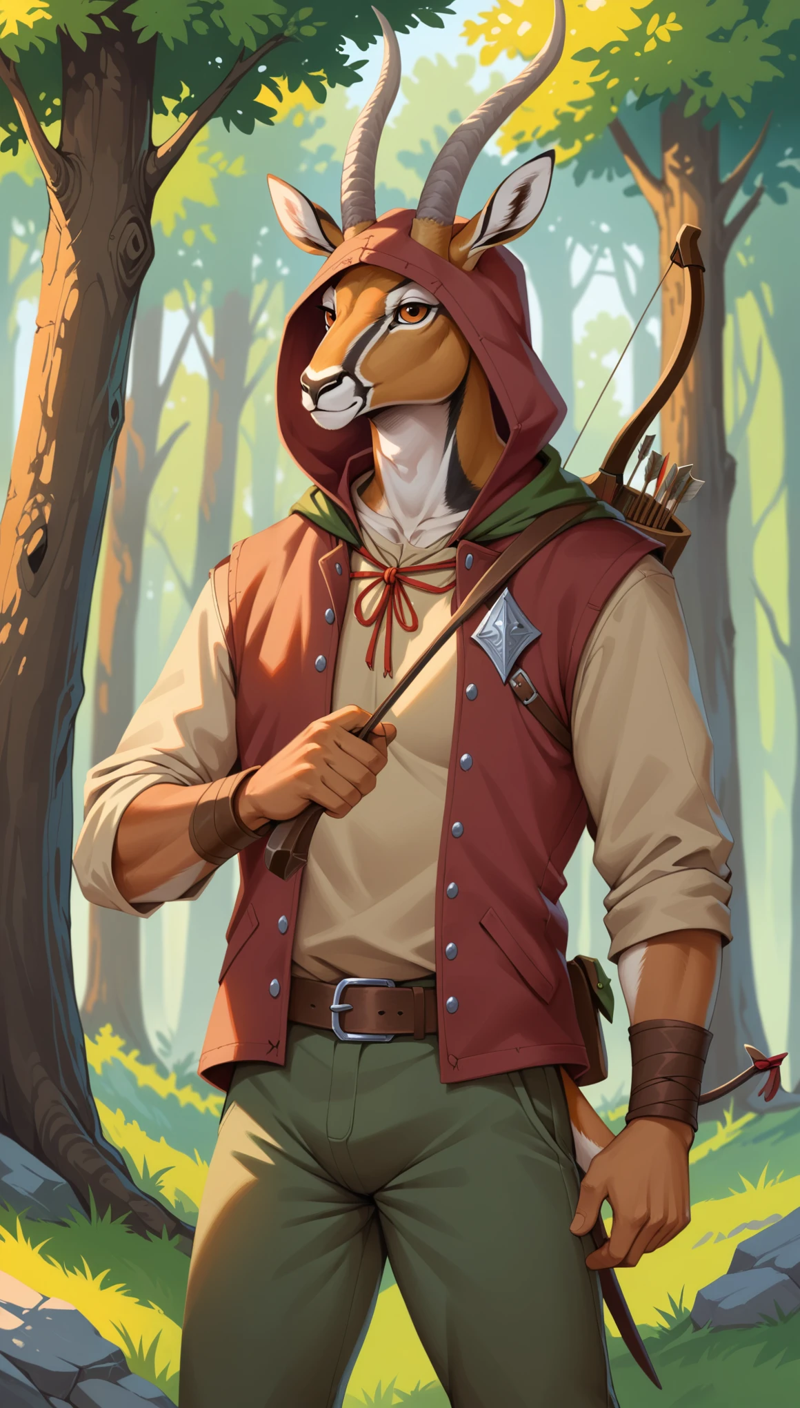 (1man, male, solo, Antelope), (athletics, calm face),
(Dungeons and Dragons, character, Scout),
(medieval scout jacket, hood, medieval scout pants), (holding object, holding (hunters medieval bow:1.5)),
forest background,
(Top quality, masterpiece, high resolution, hi res, absurd res), (correct hands, detailed hands)
