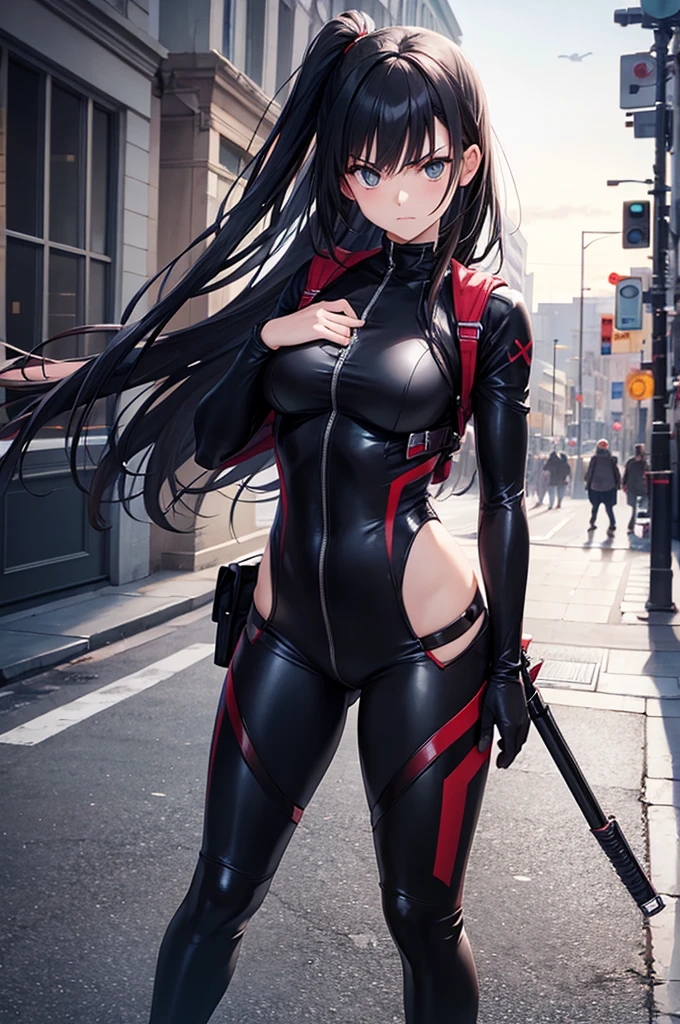 assassin, solo, angry, girl, body suit, standing