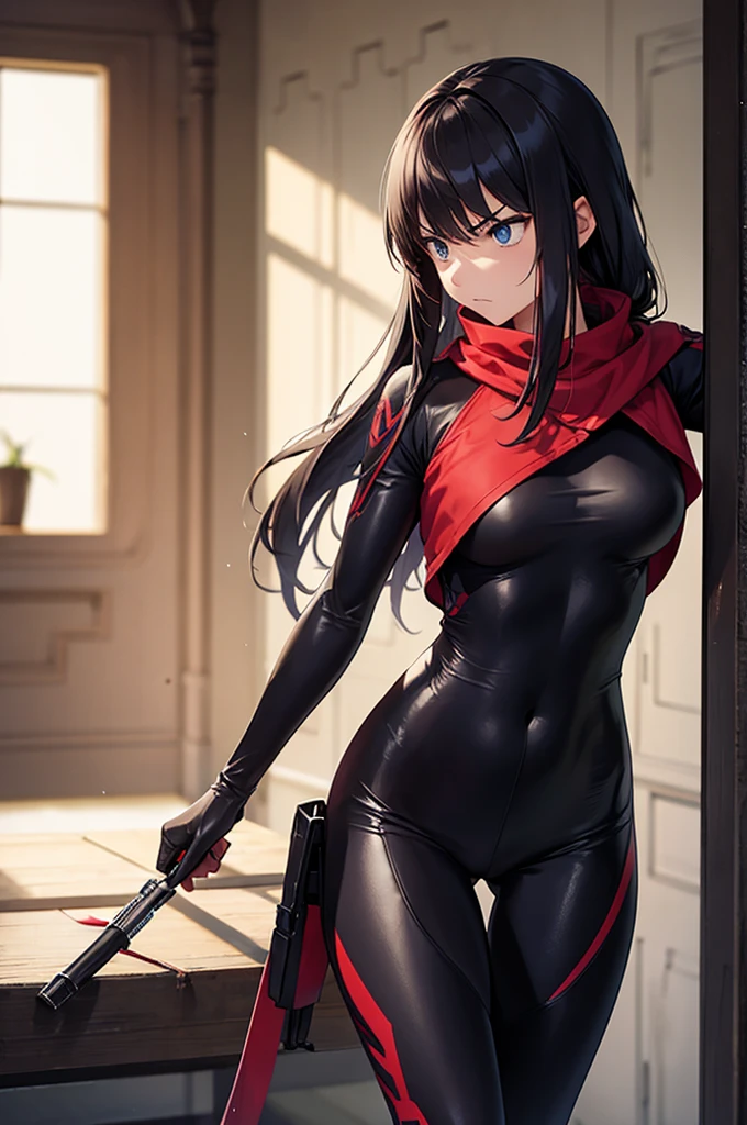 assassin, solo, angry, girl, body suit, standing
