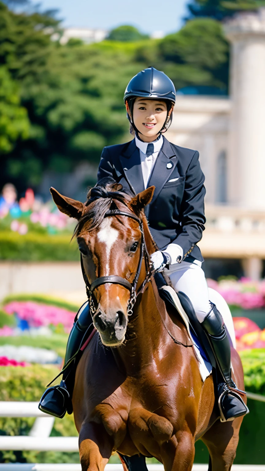 (((Beautiful women boxer))),(((Perfect Anatomyに基づいた四肢を丁寧に描写する4K撮影))),(((The large Olympic equestrian arena, with stadiums and seating set up in the magnificently beautiful gardens of the Palace of Versailles, where equestrian events are held, is packed with spectators as far as the eye can see.))),(((Beautiful equestrian athletes who work together as one to brilliantly jump over obstacles on the course))), (((A Japanese national equestrian with a beautiful, long-limbed, coke-bottle body and a beloved horse with a magnificent body,Dressed in the traditional black jacket, white culottes, white athletic shirt, white gloves and brown boots.))),(((Elegant posture and mannerisms))),(((With a smile on her face, she takes the reins and enters the course with her beloved horse.))),(((A beautiful and elegant equestrian who hates to lose,Stunning gardens with nearby views of the Palace of Versailles,A gentle gaze towards his beloved horse))),(((Perfect Anatomy:1.6))),(((Ulsan - 6500))),(((Hasselblad produces deep depth of field for beautiful background bokeh))),masterpiece,Highest quality,Ultra-high resolution,Highly detailed portrait,High nose and beautiful face,Model-like limbs,The sweat on his fair neck is shining and dazzling,((4K footage captures the essence of the action)),Cute 20 year old, (((The beautiful, shiny chestnut-colored asymmetrical short hair at the nape of the neck is sexy.))),Long eyelashes, big eyes and double eyelids,((Glossy thick lips)),(((Perfect Anatomy))),