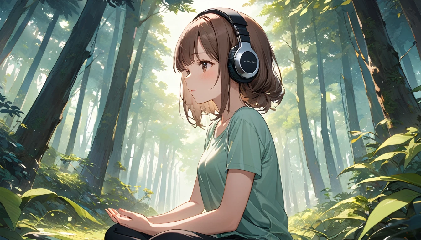 Brown-haired girl wearing headphones、Deep forest silence, highly detailed、masterpiece, Highest quality, Light background：Deep in the forest、wood漏れ日が差し込む
表情：Calm and meditative outfit：Casual yoga wear poses：Scene of sitting in meditation pose：wood々A quiet place surrounded by
(Detailed fingers), (Emotional), (Breathtakingly beautiful), (main part:1.2 Whole body), (Anime Style), (Very detailed), (超High resolution, High resolution), (8k), (Complex and beautiful: 1.2)

