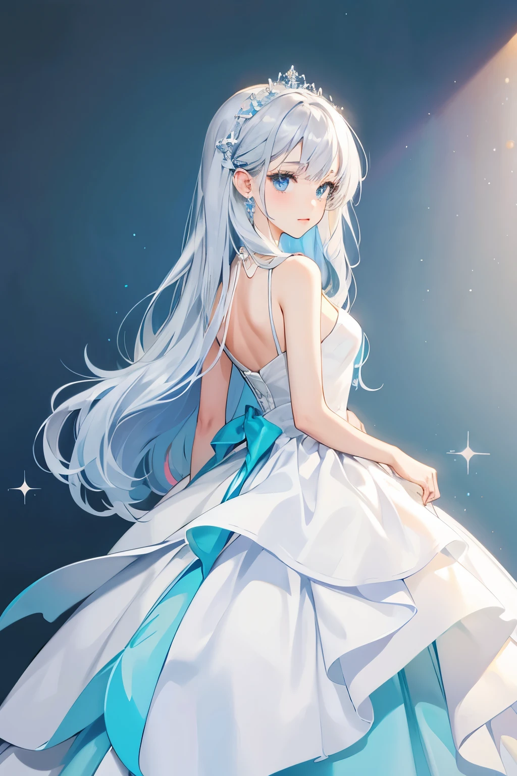 blue with white fins. long dress simple dress wedding silver hair SPARKLE; GLITTER