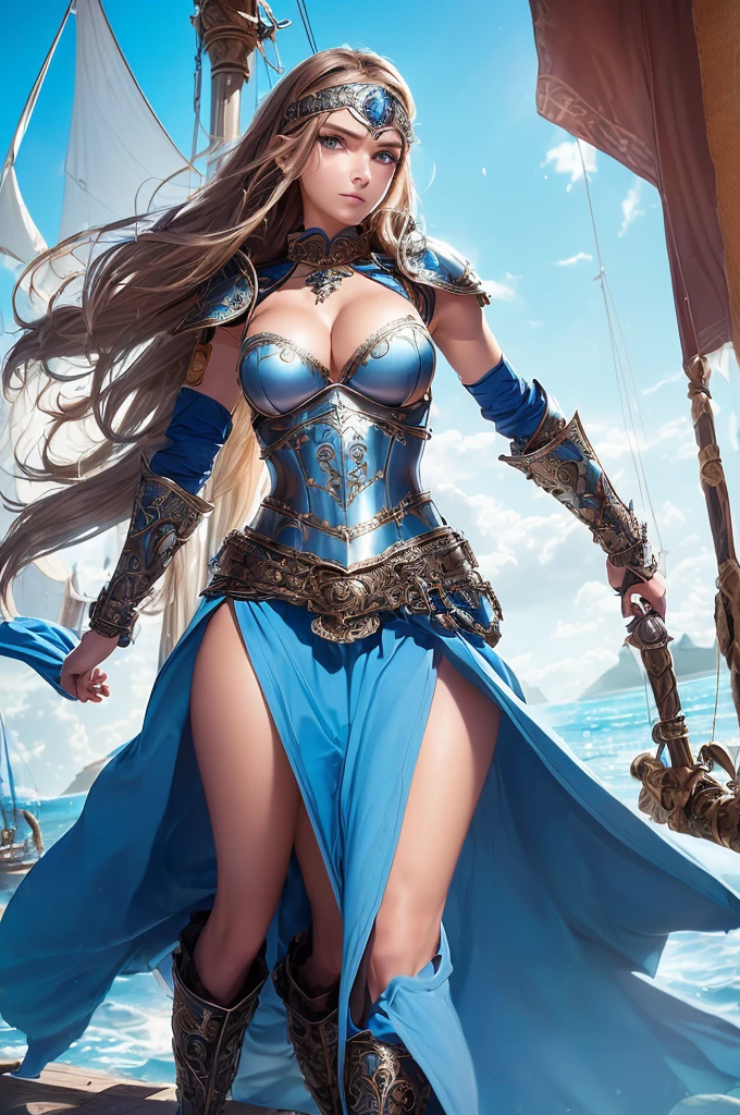 1girl, ((slim)) pirate sexywoman, thin waist, 18 years old, ((ornate ((steel)) breastplate armor)), average breasts. (((cleavage))), ((((very long blue skirt)))) with ((((single slit)) on the side)), ((headband)), on a ship, ((gorgeous slim face)), ((Brown hairs)), ((long straight flowing hairs)), sea, detailled face, marterwork, serious eyes, intense detailled eyes