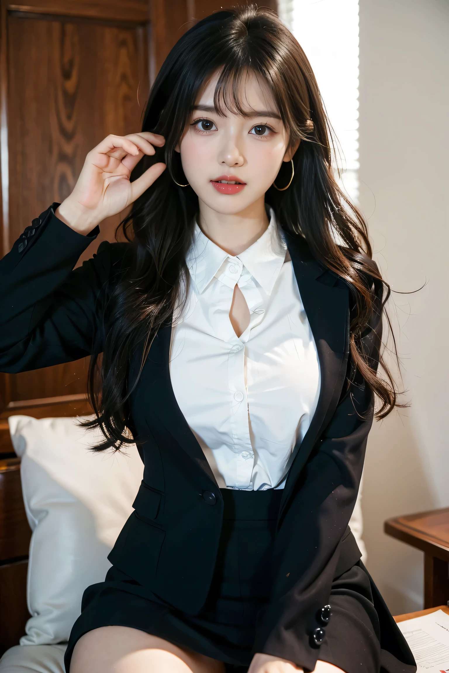illustration:A girl,25 years old,Wear a white shirt,Black jacket,Skirt skirt that wraps hips,Black hair、Shy girl,Look at the camera,Big breasts,Background is a personal office,Become a,See the whole body
