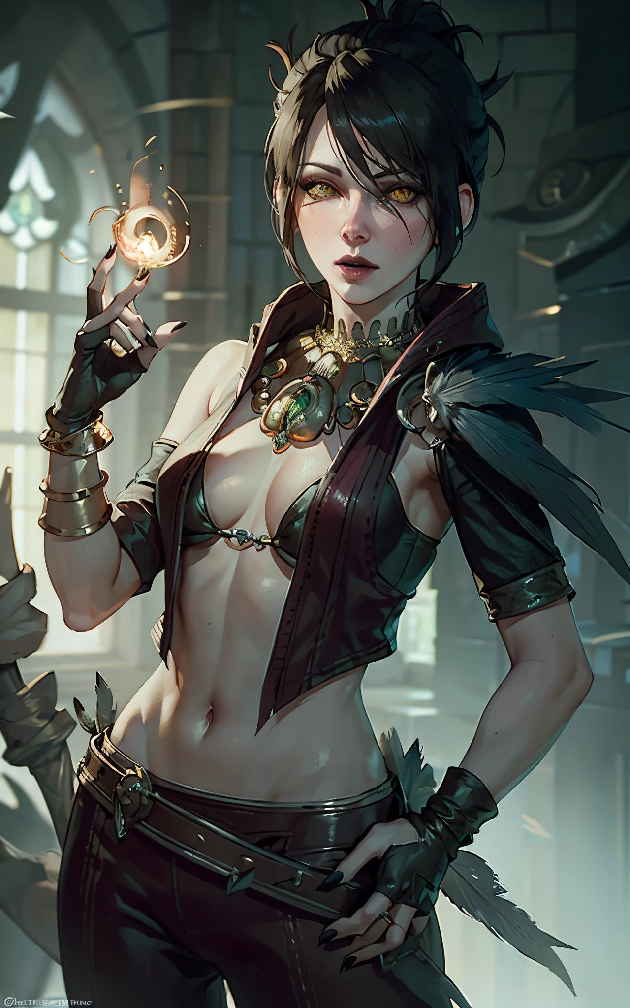 (masterpiece, best quality) realistic version of
MorriganDA, face of (Kate Beckinsale:Evangeline Lilly) 1girl, solo,, looking at viewer, short hair, black hair, gloves, jewelry, yellow eyes, small breasts, fingerless gloves, necklace, hair bun, nail polish, bracelet, lips, fingernails, makeup, glowing, single hair bun, feathers, lipstick, staff, pale skin, black nails, armlet, long fingernails, realistic, nose, magic