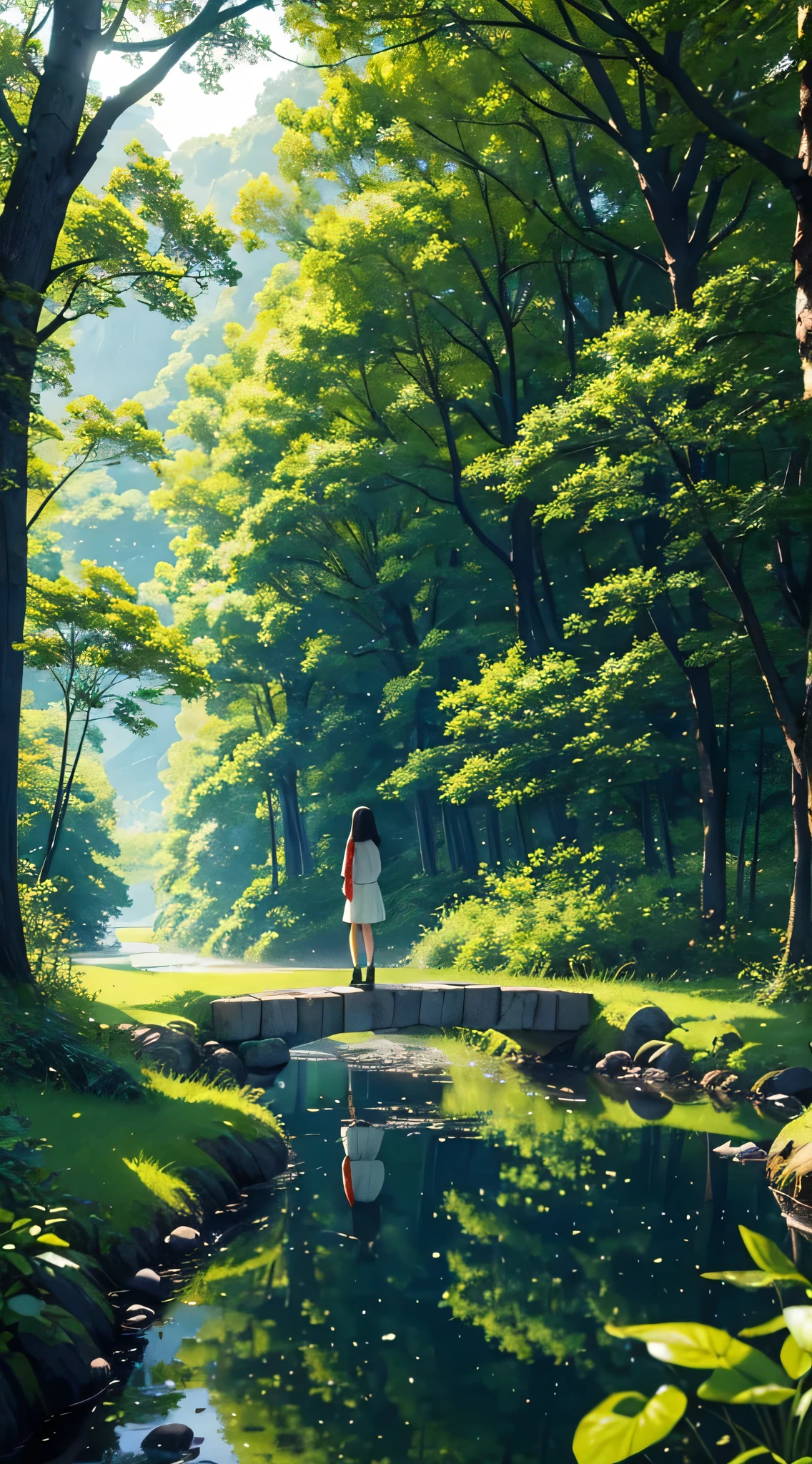 8k,Every green空 carries the promise of a new dawn, Paving the way for a beautiful beginning,Beautiful nature paintings. green,green空, green、A woman is reflected in the photo.、Back view