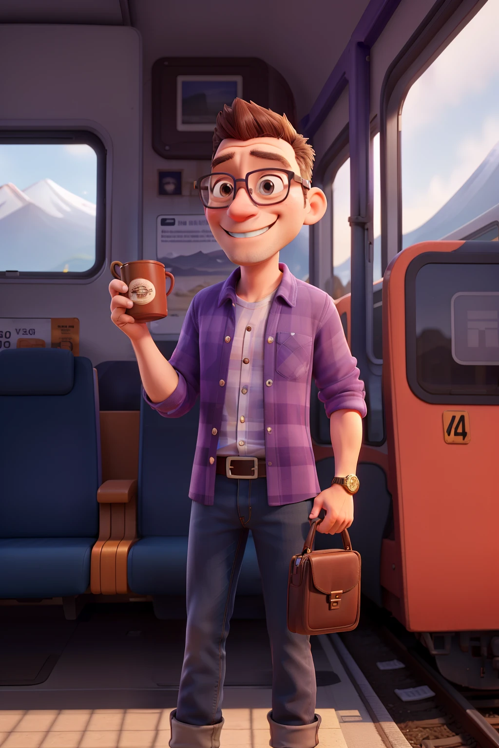 Raising a 40-Year-Old Man, smiling happily, gold rimmed glasses, Holding colorful mug in hand, holding camera in other hand,Purple Check Shirt and Jeans, Brown eyes, The screen is flawless.Fuji Mountain in the background outside the train window