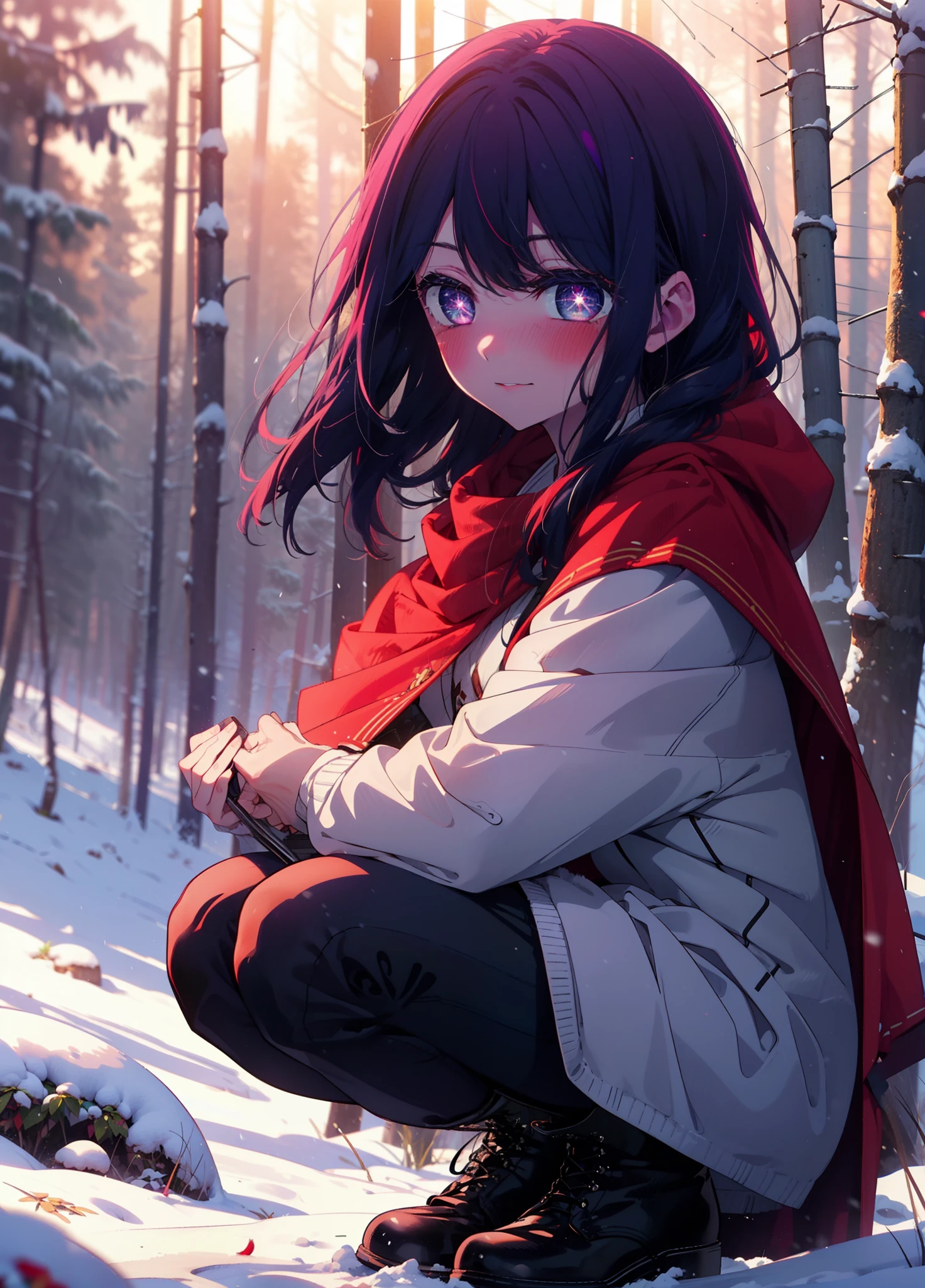 aihoshino, Ai Hoshino, Long Hair, bangs, (Purple eyes:1.1), Purple Hair, (Symbol-shaped pupil:1.5), smile,,smile,blush,white breath,
Open your mouth,snow,Ground bonfire, Outdoor, boots, snowing, From the side, wood, suitcase, Cape, Blurred, , forest, White handbag, nature,  Squat, Mouth closed, Cape, winter, Written boundary depth, Black shoes, red Cape break looking at viewer, Upper Body, whole body, break Outdoor, forest, nature, break (masterpiece:1.2), Highest quality, High resolution, unity 8k wallpaper, (shape:0.8), (Beautiful and beautiful eyes:1.6), Highly detailed face, Perfect lighting, Highly detailed CG, (Perfect hands, Perfect Anatomy),