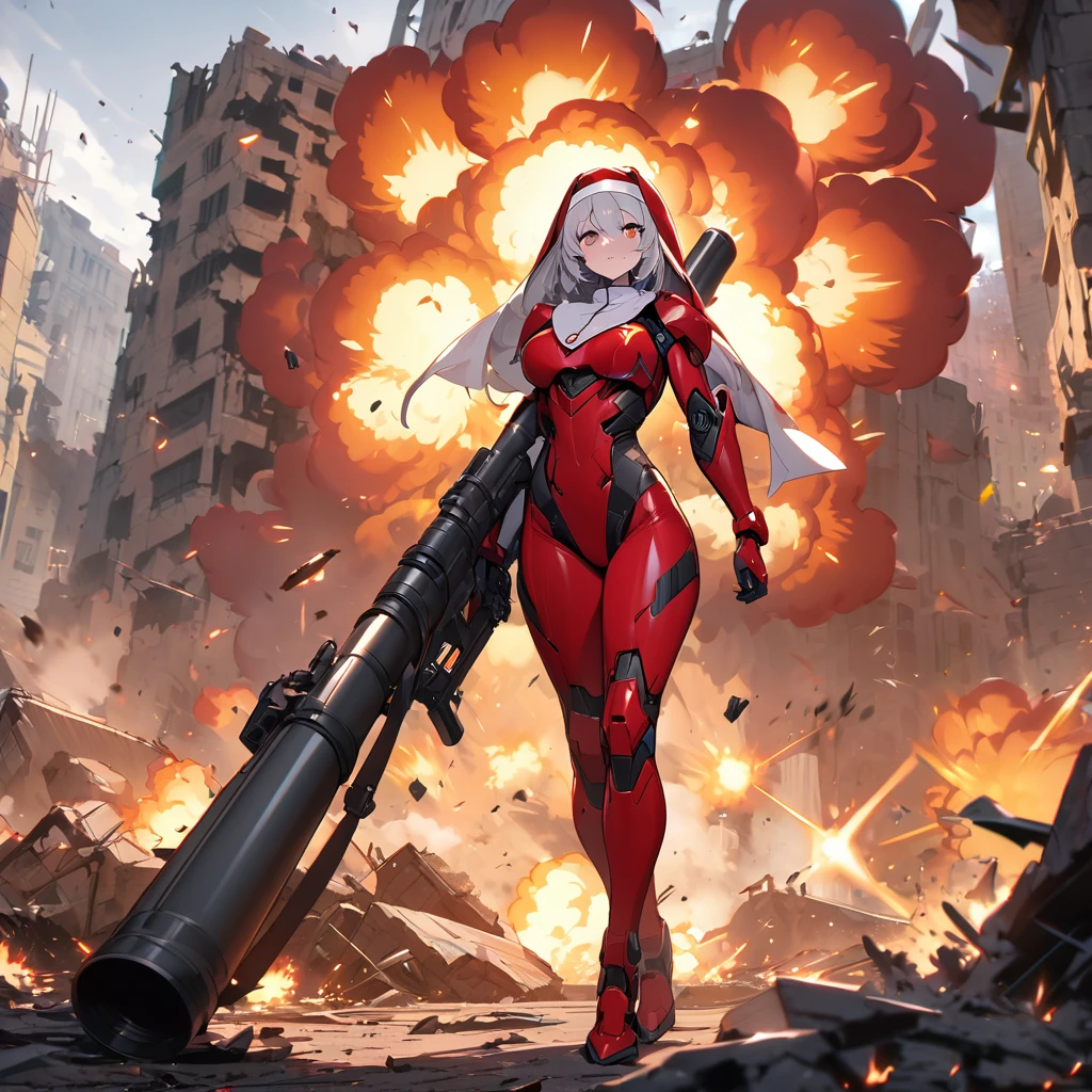 Top quality, masterpiece, high resolution, nun, advanced mechanical technology, crimson powered suit, heavy armor, bazooka, flashy explosions, ruins