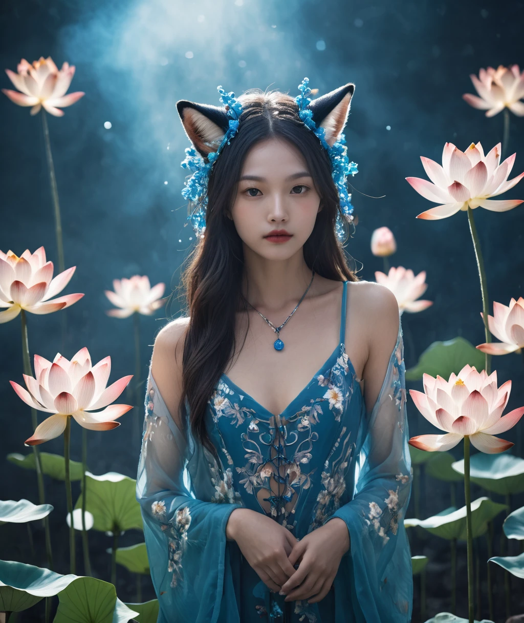 Lotus pose girl full body photography，Anatomically correct,Raw, Filming, (Be focused:1.5), (Reality:1.4), Dusk lighting, Volumetric Lighting, Ultra-high resolution, 16K,Dramatic Lighting, White background：1.5）（tangled，Mandala，dispute，Entanglement：0.7）Fox Demon，Fox Mask，short jacket, Foxfire Curse, fox family, Transformation, Depth of Field, Dreamy atmosphere, The most beautiful chaos, grace, Brutalist Design Dark Theme, Flower of Death, Flowers of ecstasy，Glowing Line,Glow Example，Tracking Example，flash， Backlight，translucent，Light Particles,XILL，in style of blue，exit