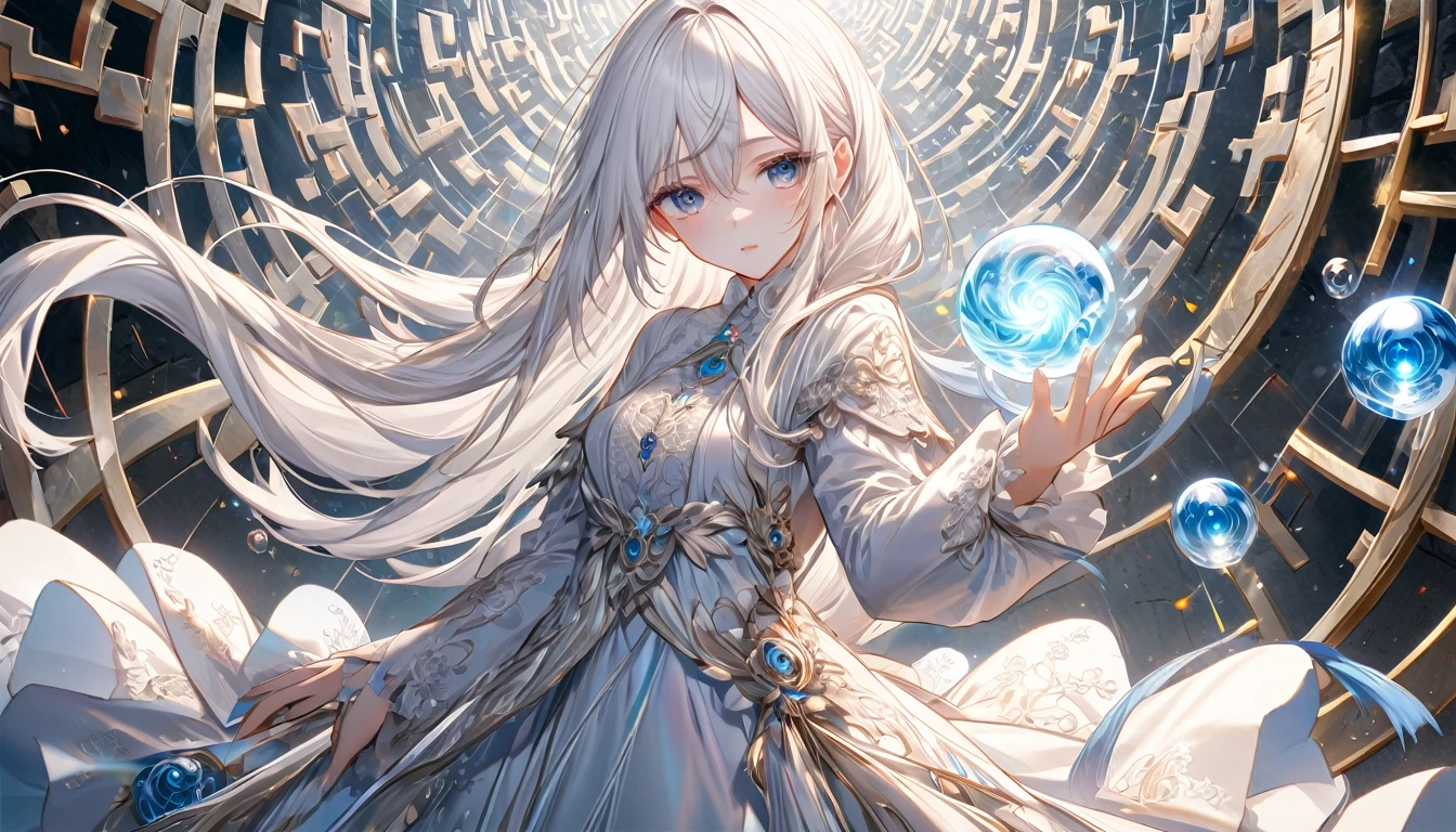 **134. One person。mysterious。Long-haired white-haired girl。Cowboy shot or close-up。
masterpiece, best quality, ultra detailed
(Detailed fingers), (Emotional), (Breathtakingly beautiful), (main part: 1.2 Whole body.), (Anime Style), (Very detailed), (Brutal), (超High resolution, High resolution), (8k), (High resolution: 1.2), (Complex and beautiful: 1.2)**
- background: Glass Labyrinth、Reflected light patterns。
- Long-haired white-haired girl: An elegant dress with delicate details、Transparent Eyes。He holds a small glass orb in his hand.。
- Effects: Light emanating from the orb、Light patterns reflected in the labyrinth。