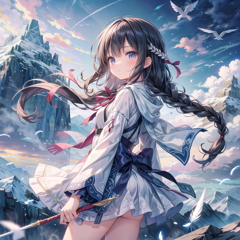 Endearing wind archer, long braided hair with feathers. Aiming magical wind bow, swirling arrow forming. Cloudy mountain peak backdrop, soaring birds. Soft, misty lighting. Determined yet sweet expression. Flowing outfit with intricate patterns