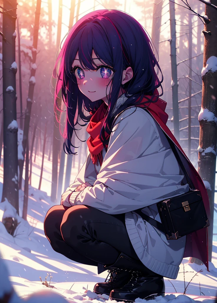 aihoshino, Ai Hoshino, Long Hair, bangs, (Purple eyes:1.1), Purple Hair, (Symbol-shaped pupil:1.5), smile,,smile,blush,white breath,
Open your mouth,snow,Ground bonfire, Outdoor, boots, snowing, From the side, wood, suitcase, Cape, Blurred, , forest, White handbag, nature, Squat, Mouth closed, Cape, winter, Written boundary depth, Black shoes, red Cape break looking at viewer, Upper Body, whole body, break Outdoor, forest, nature, break (masterpiece:1.2), Highest quality, High resolution, unity 8k wallpaper, (shape:0.8), (Beautiful and beautiful eyes:1.6), Highly detailed face, Perfect lighting, Highly detailed CG, (Perfect hands, Perfect Anatomy),