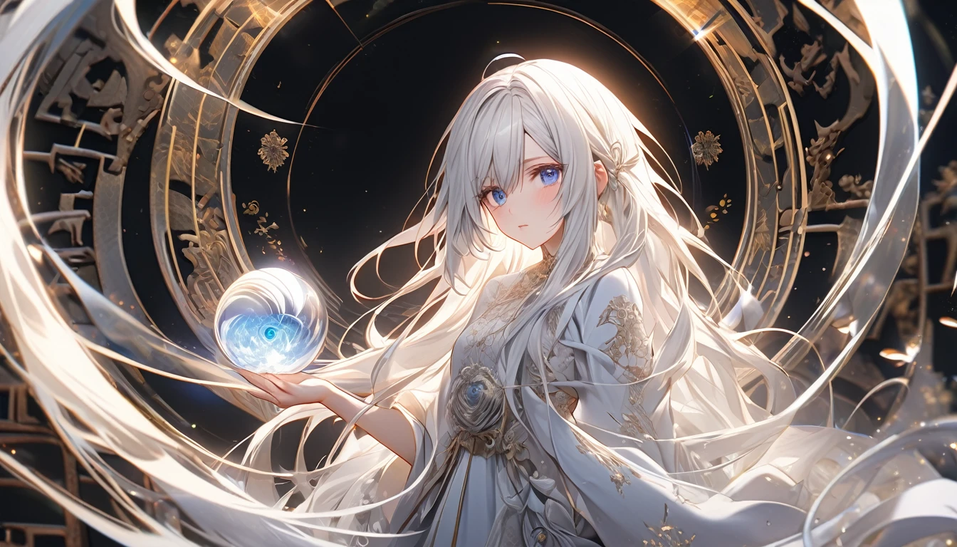 **134. One person。mysterious。Long-haired white-haired girl。Cowboy shot or close-up。
masterpiece, best quality, ultra detailed
(Detailed fingers), (Emotional), (Breathtakingly beautiful), (main part: 1.2 Whole body.), (Anime Style), (Very detailed), (Brutal), (超High resolution, High resolution), (8k), (High resolution: 1.2), (Complex and beautiful: 1.2)**
- background: Glass Labyrinth、Reflected light patterns。
- Long-haired white-haired girl: An elegant dress with delicate details、Transparent Eyes。He holds a small glass orb in his hand.。
- Effects: Light emanating from the orb、Light patterns reflected in the labyrinth。
