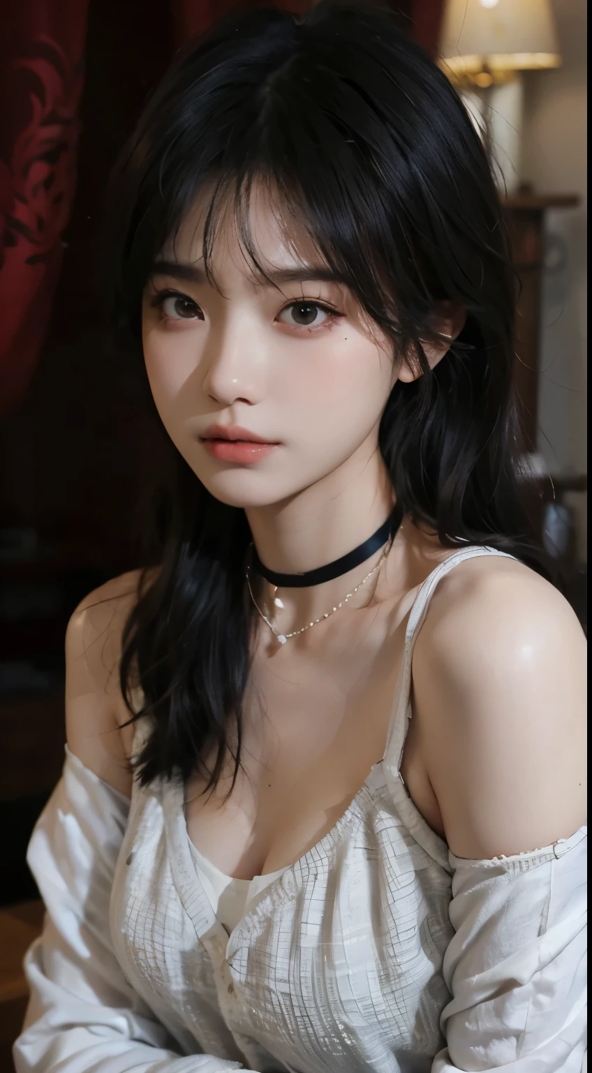 best quality， ultra high resolution， （In reality：1.4），Bao Yu Girl，1 girl, With long curly hair，looking into the distance，Nedium Chest，Cropped Red Sweater，Atmospheric feeling，Beautiful woman with a slender body:1.4, Abs，ultra fine face，Exquisite eyes，double eyelid，choker necklace