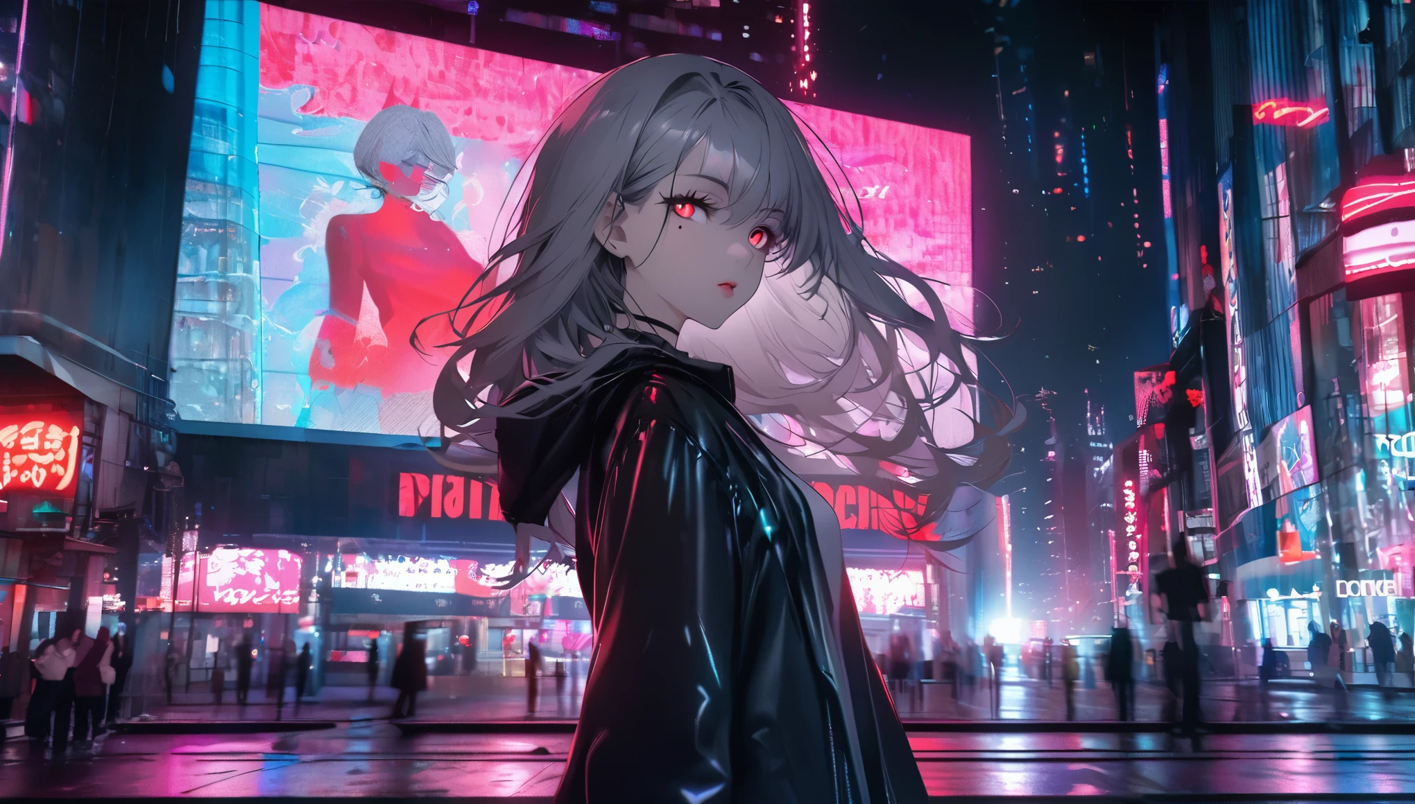 Modern city, night town, neon lights, girl and her shadow, shadow is the demon in the girl's mind, tense lens, body of the photo is big city background, bright and fresh photo, beautiful abstract big city and teenage girl character in it. gray hair color, glowing red eyes, long hairstyle, mole under left eye, surreal background, seductive style, dancing with silhouette partner