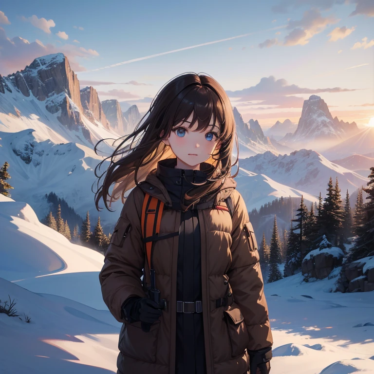 Masterpiece, best quality, high quality, 1girl, Solo, standing, on a mountain, wears Winter Hicking clothes, morning sun above the mountains, bright day, has long Brown hair, high detail, Surrealism, depth of field, cinematic lighting, optical illusion, cinematic lighting, atmospheric perspective, UHD, masterpiece, 8k, super detail, best quality, highres, high details, high details, best quality, highres, 8k