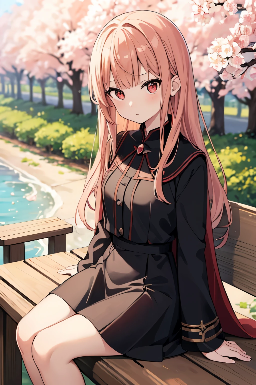 (masterpiece:1.2, Highest quality),(Anime Style),
girl,Blood red eyes,Tree Eyes,light peach-colored hair,Bangs,Cropped bangs,cool,
Black cape dress,Sitting on a bench,Cherry blossom trees,River side