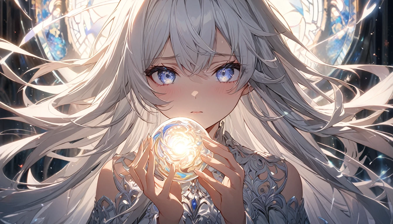 **134. One person。mysterious。Long-haired white-haired girl。Cowboy shot or close-up。
masterpiece, best quality, ultra detailed
(Detailed fingers), (Emotional), (Breathtakingly beautiful), (main part: 1.2 Whole body.), (Anime Style), (Very detailed), (Brutal), (超High resolution, High resolution), (8k), (High resolution: 1.2), (Complex and beautiful: 1.2)**
- background: Glass Labyrinth、Reflected light patterns。
- Long-haired white-haired girl: An elegant dress with delicate details、Transparent Eyes。He holds a small glass orb in his hand.。
- Effects: Light emanating from the orb、Light patterns reflected in the labyrinth。