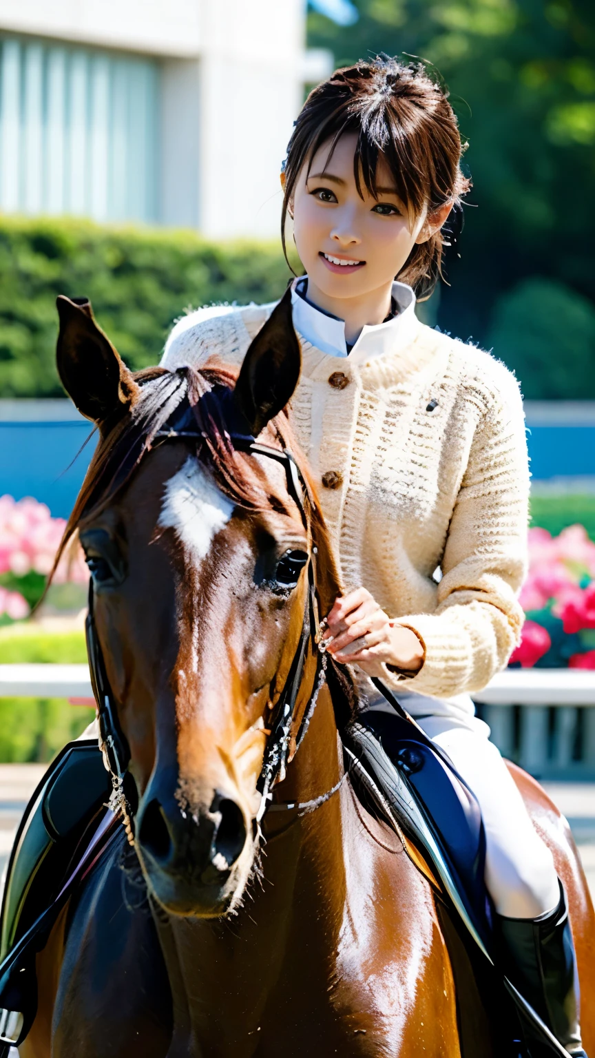 Elegant female equestrians, intricate horse anatomy, a packed Olympic equestrian arena set in a magnificent palace garden, dignified traditional equestrian costumes, graceful equestrian posture and manners, and beautiful horses. and Jockey, Jinba Ittai, masterpiece, highly detailed, 4K, ultra high resolution, realistic, photorealistic, highly detailed eyes and face, long eyelashes, glossy thick lips, perfect anatomy, elegant short Hair, Hasselblad camera, deep depth of field, beautiful background bokeh, and dynamic photos that capture the essence of movement.
