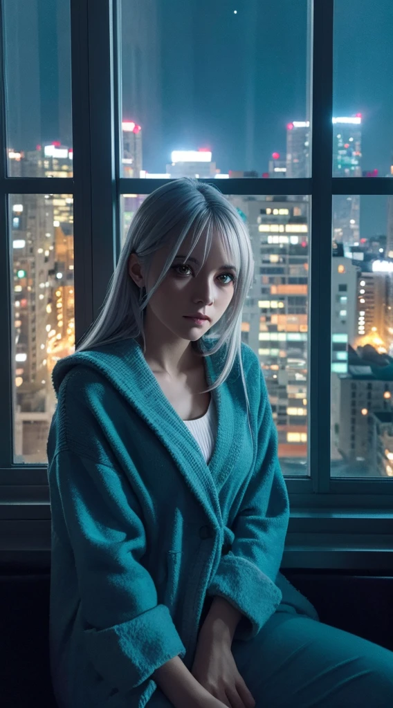(masterpiece), Highest quality, Cyan eyes, Light grey hair, Expressive eyes, Jorhaya, Sitting in a high-rise apartment room, Night Sky, Cityscape, View your viewers, City lights, window, highlight, Dramatic Light, Calm face,